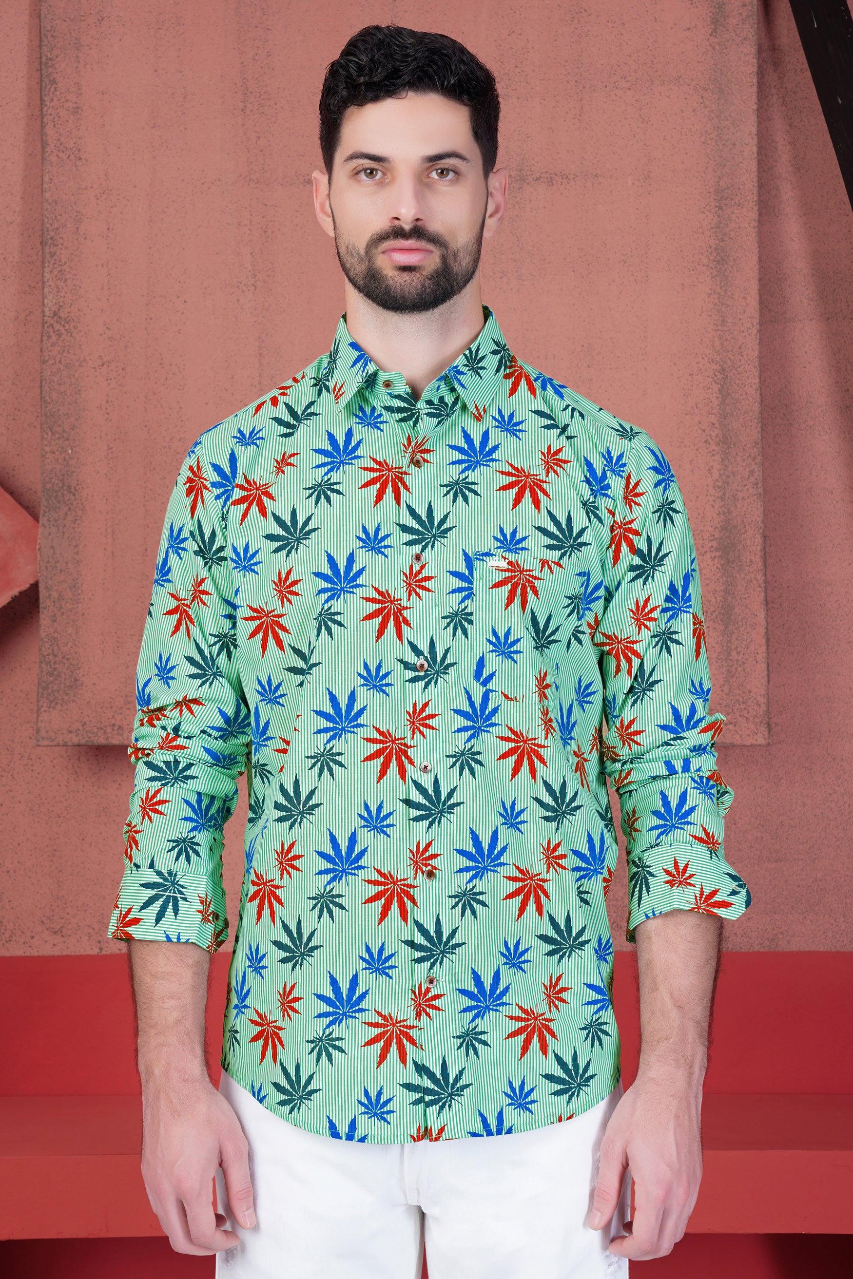 Pastel Green Striped with  Multicolour Leaves Printed and Saturn Patchwork Premium Cotton Designer Shirt