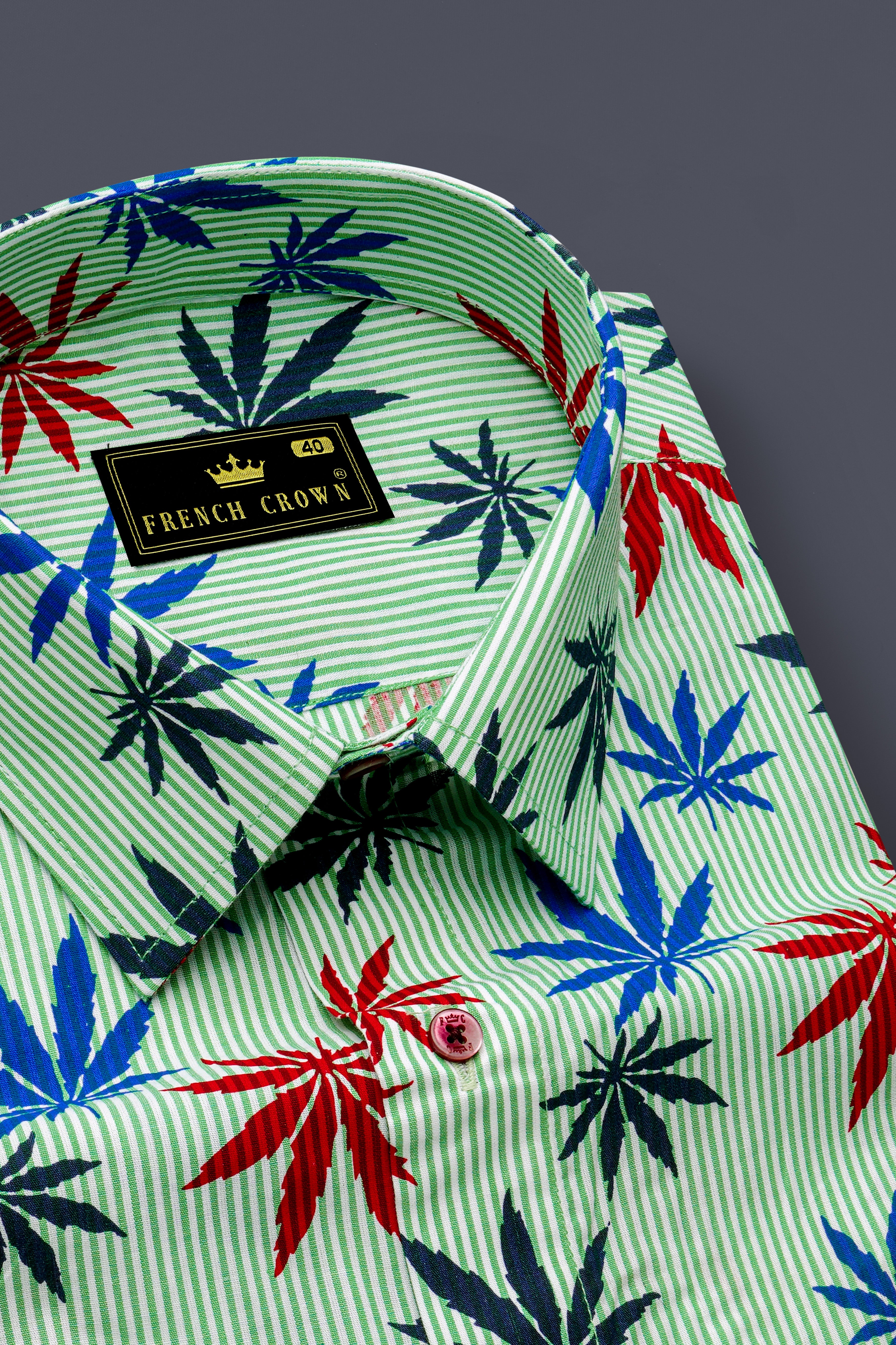 Pastel Green Pinstriped with Leaves Printed Premium Cotton Shirt
