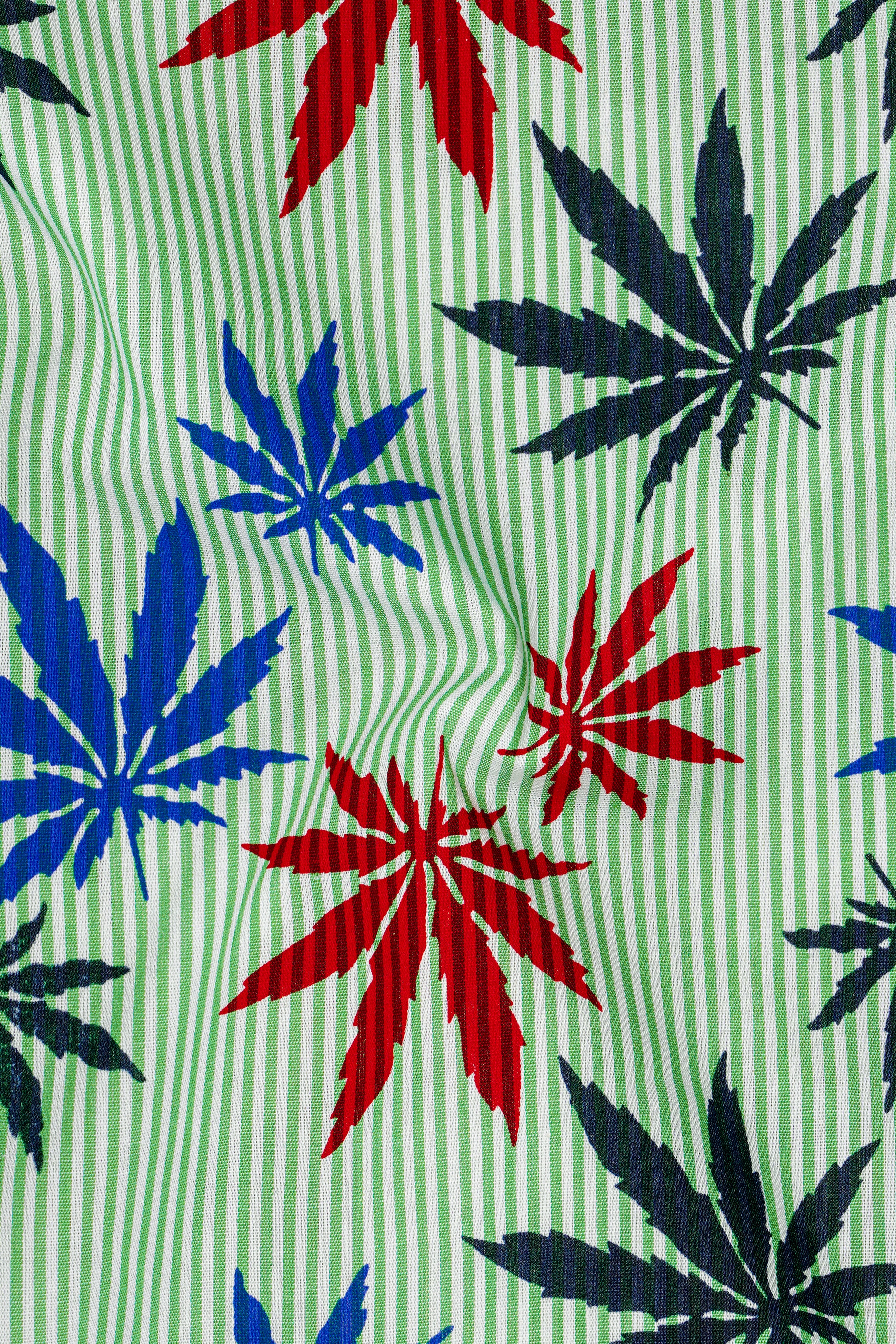 Pastel Green Pinstriped with Leaves Printed Premium Cotton Shirt
