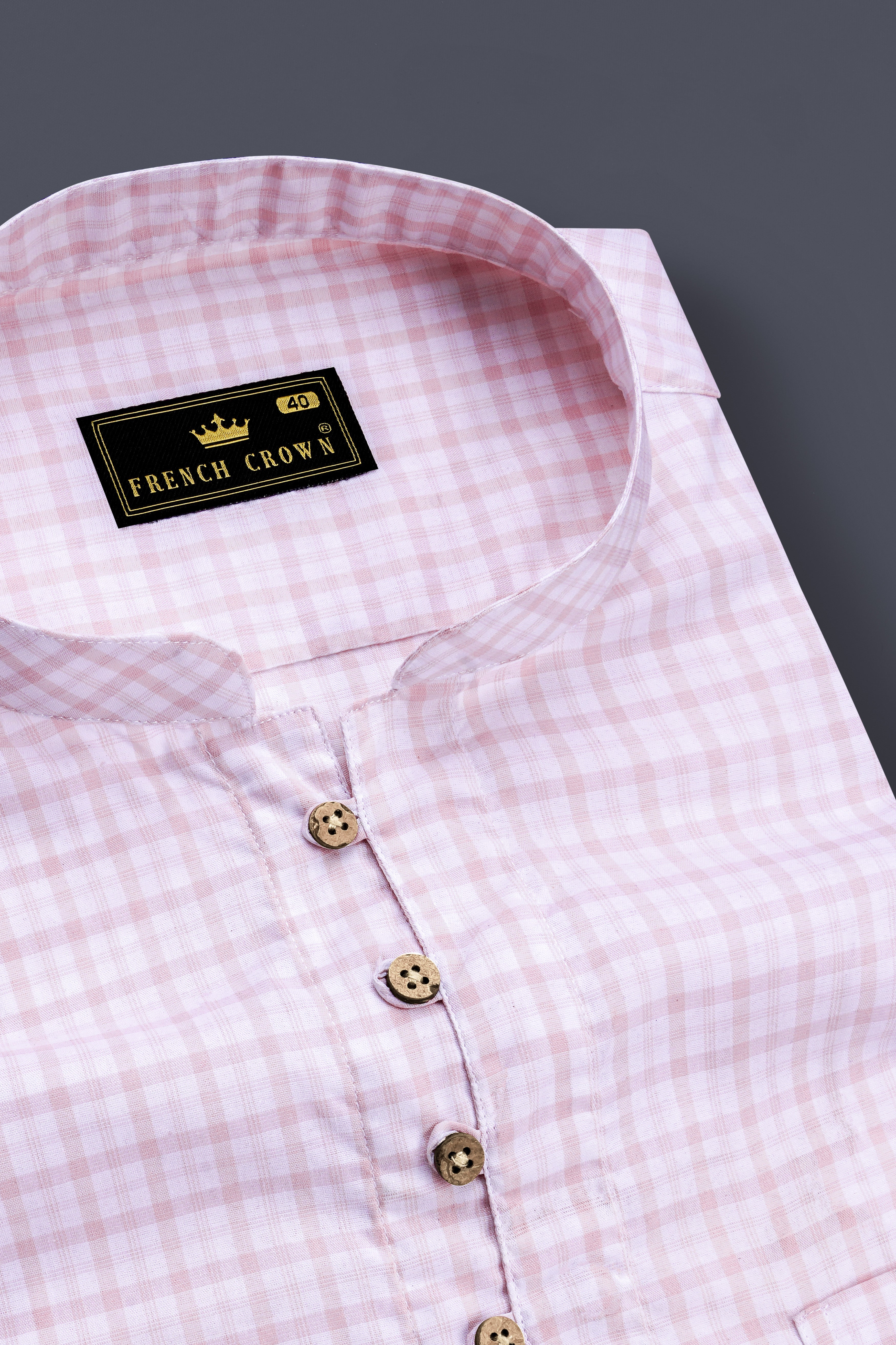 Bright White and Twilight Pink Checkered Premium Cotton Kurta Shirt