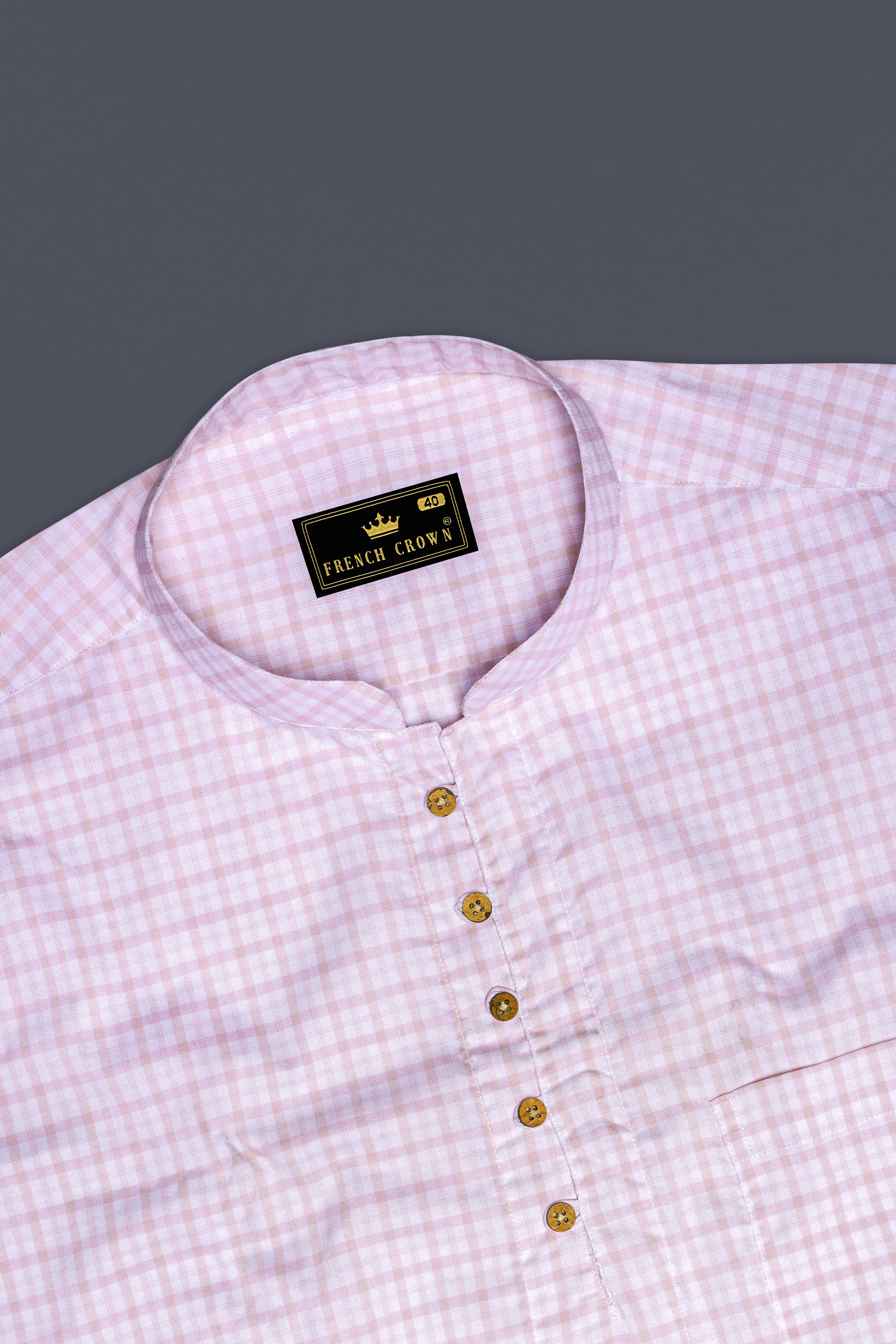 Bright White and Twilight Pink Checkered Premium Cotton Kurta Shirt