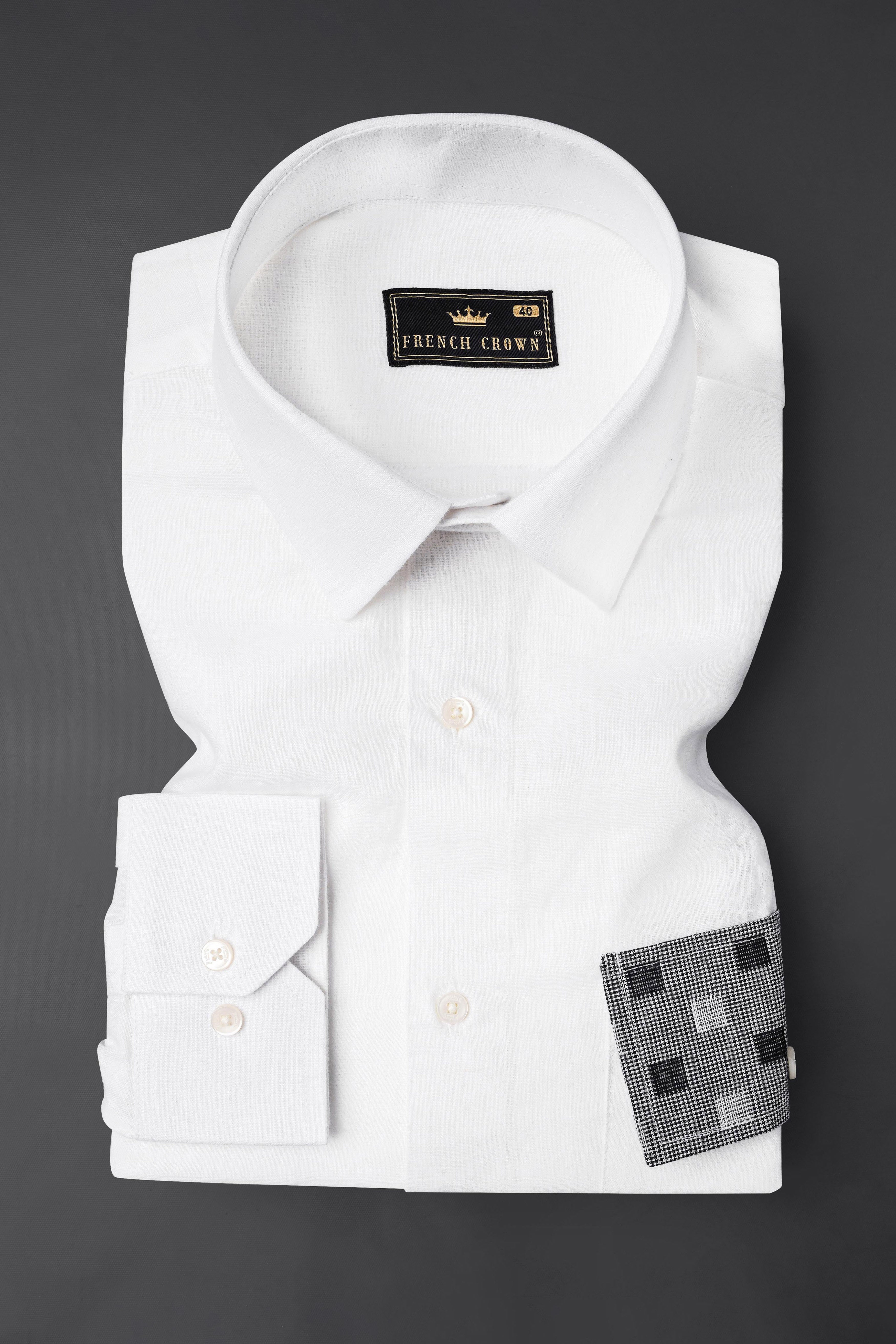 Bright White with Black Brand Embroidered Luxurious Linen Designer Shirt