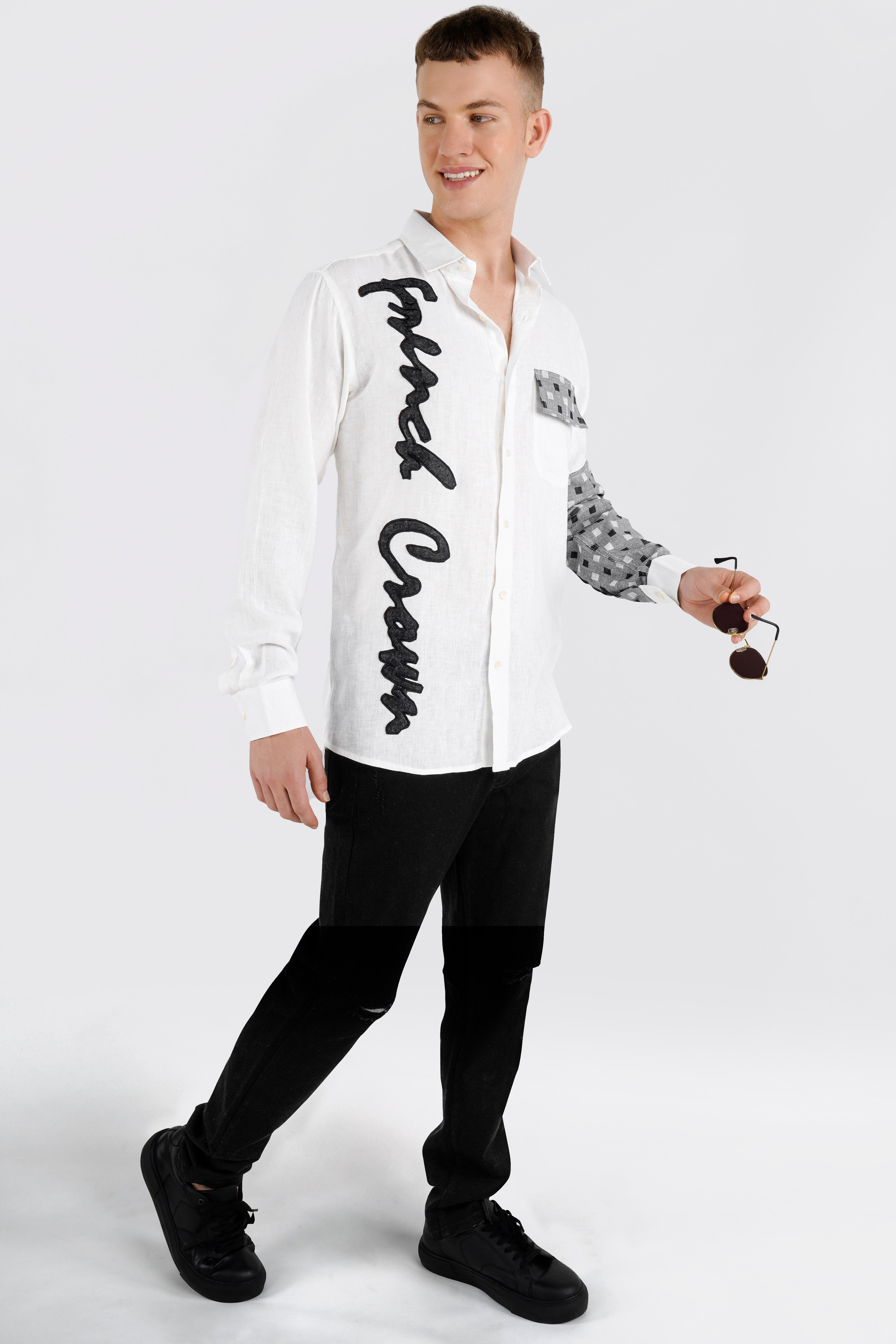 Bright White with Black Brand Embroidered Luxurious Linen Designer Shirt
