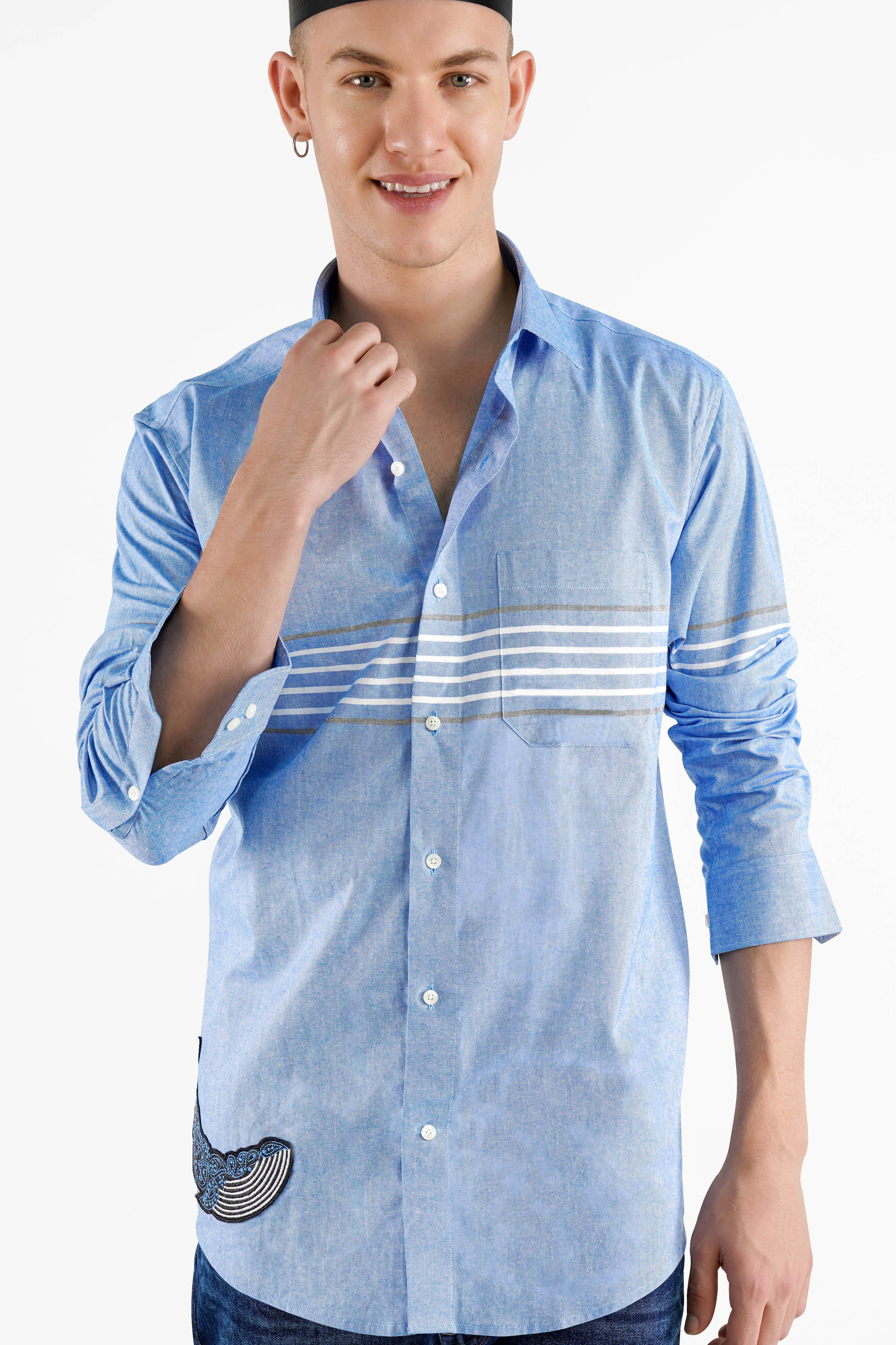 Jordy Blue Striped with Embroidered Patchwork Royal Oxford Designer Shirt