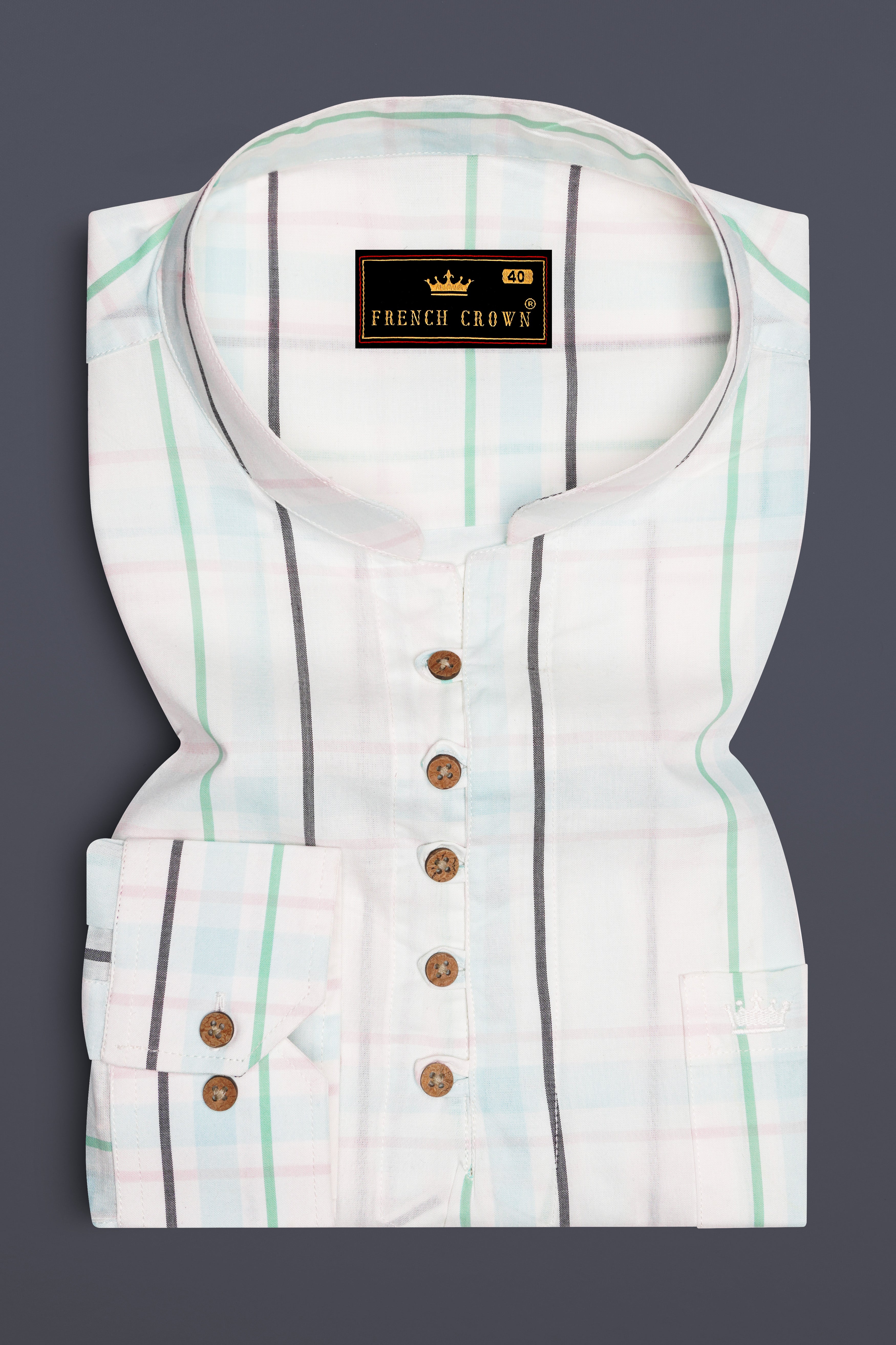 Bright White with Cruise Green Plaid and Striped Premium Cotton Kurta Shirt
