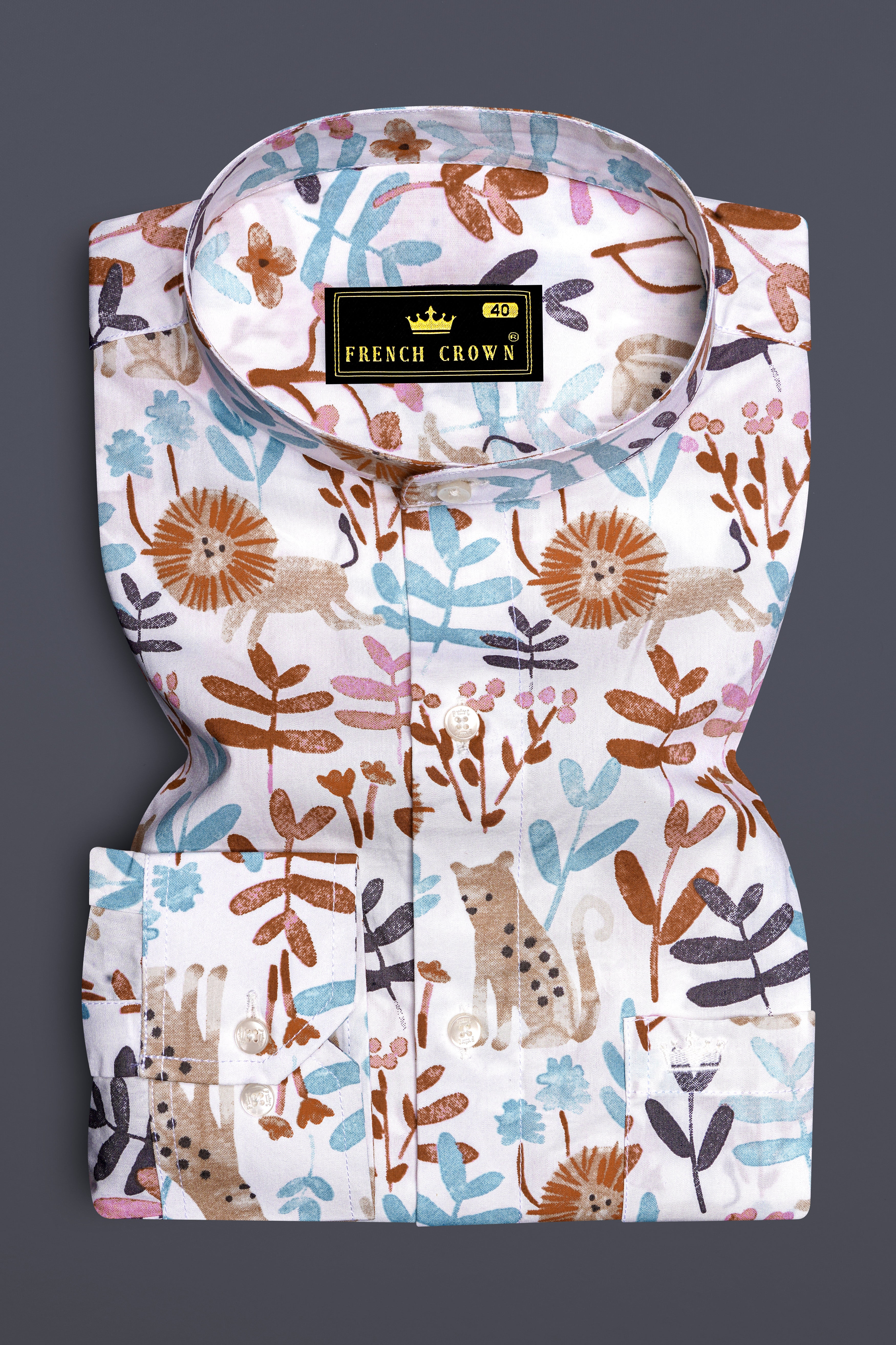 Bright White with Sapling Brown Multicolour Printed Premium Cotton Shirt