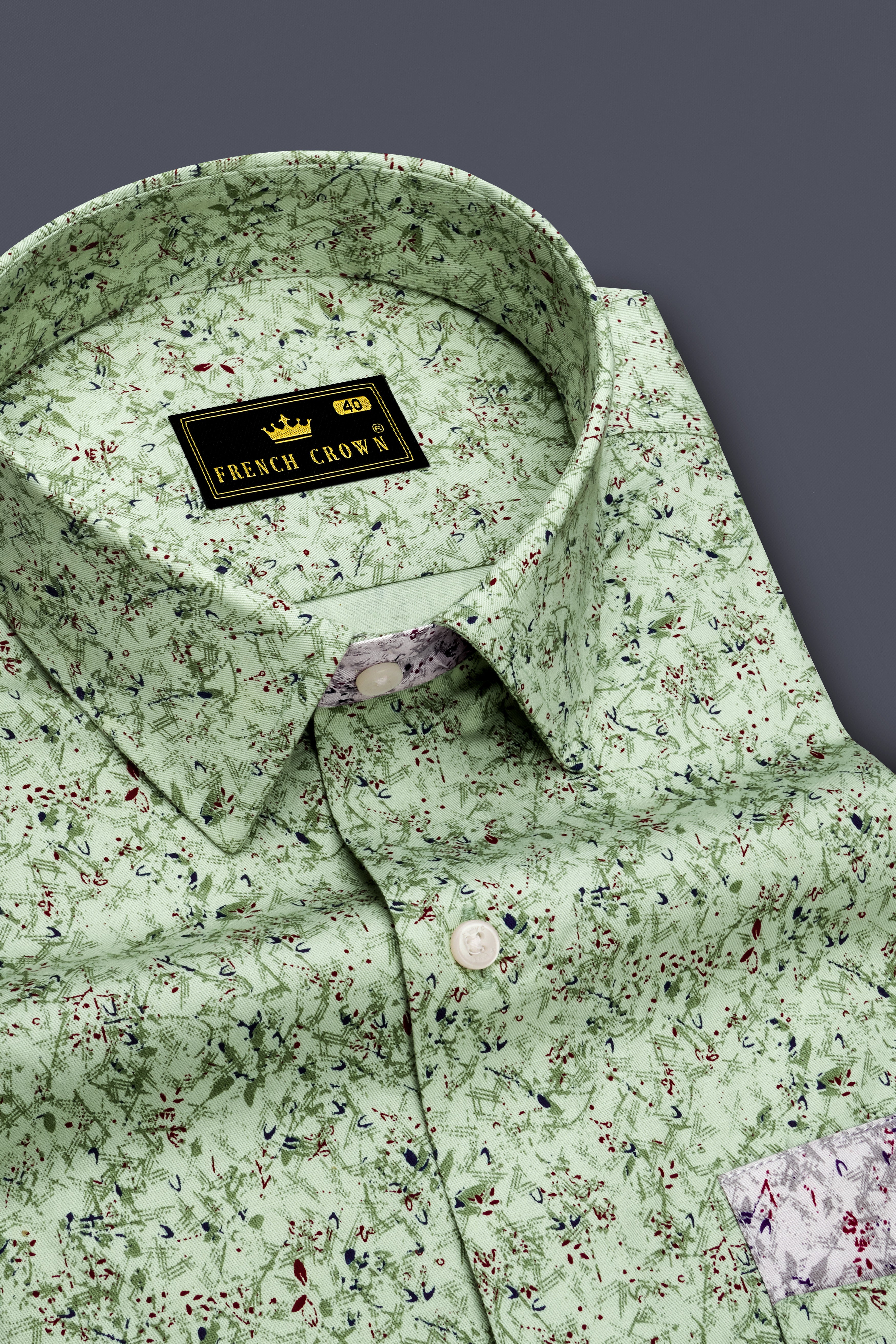Clay Ash Green with Metallic Gray Ditsy Printed Twill Premium Cotton Designer Shirt