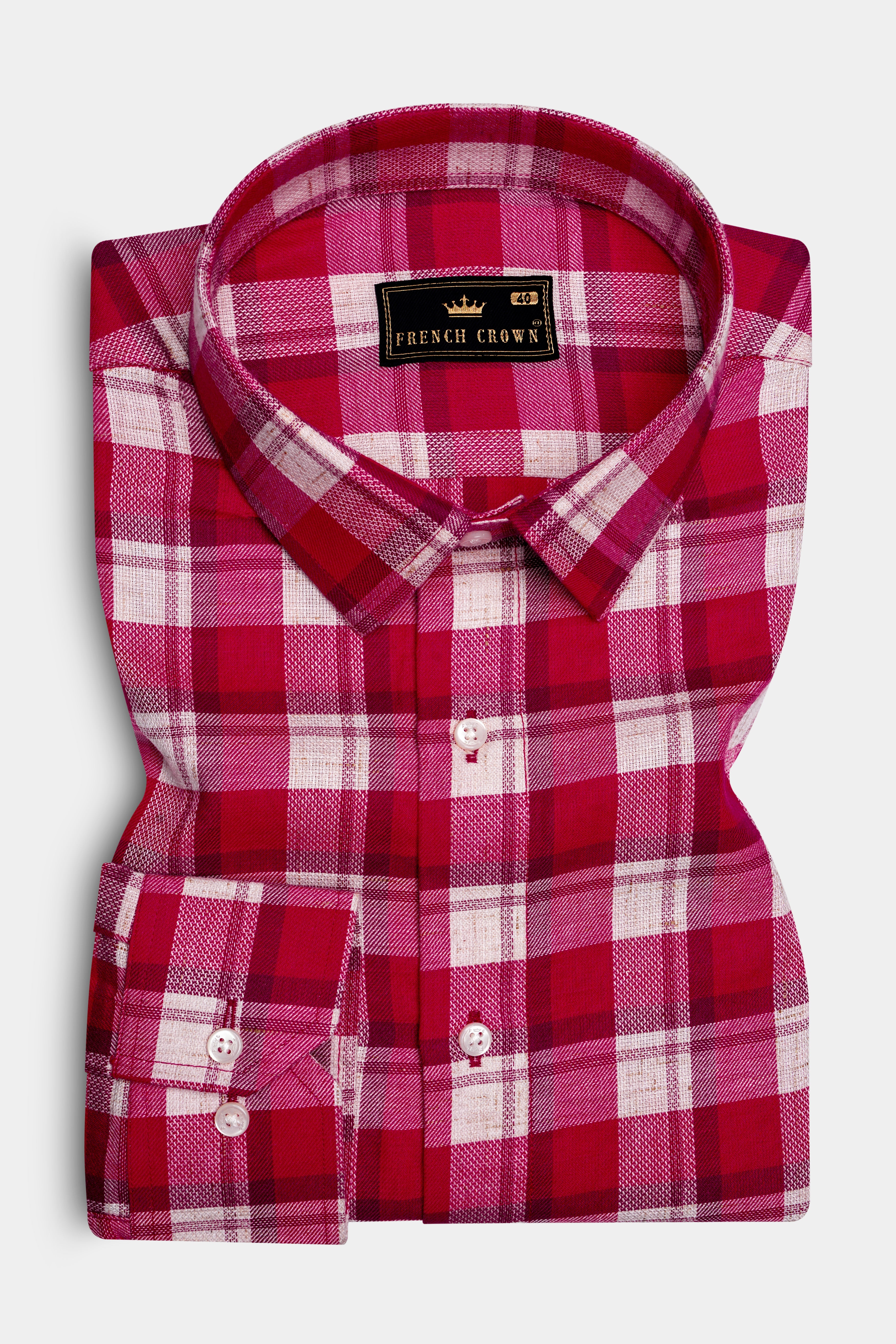 Cardinal Red and White Checked Dobby Textured Premium Giza Cotton Designer Shirt