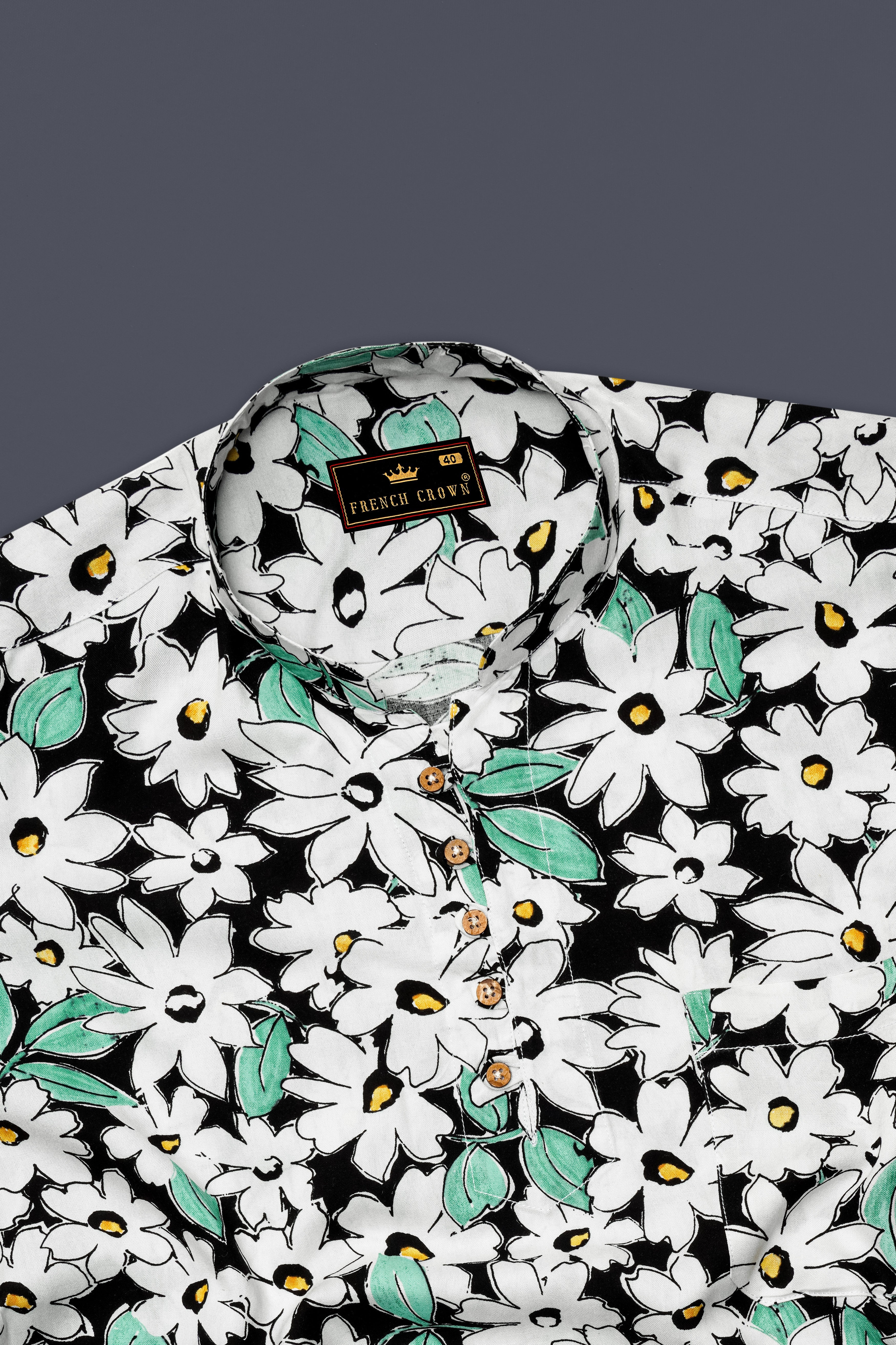 Bright White and Jade Black Floral Printed Premium Tencel Kurta Shirt