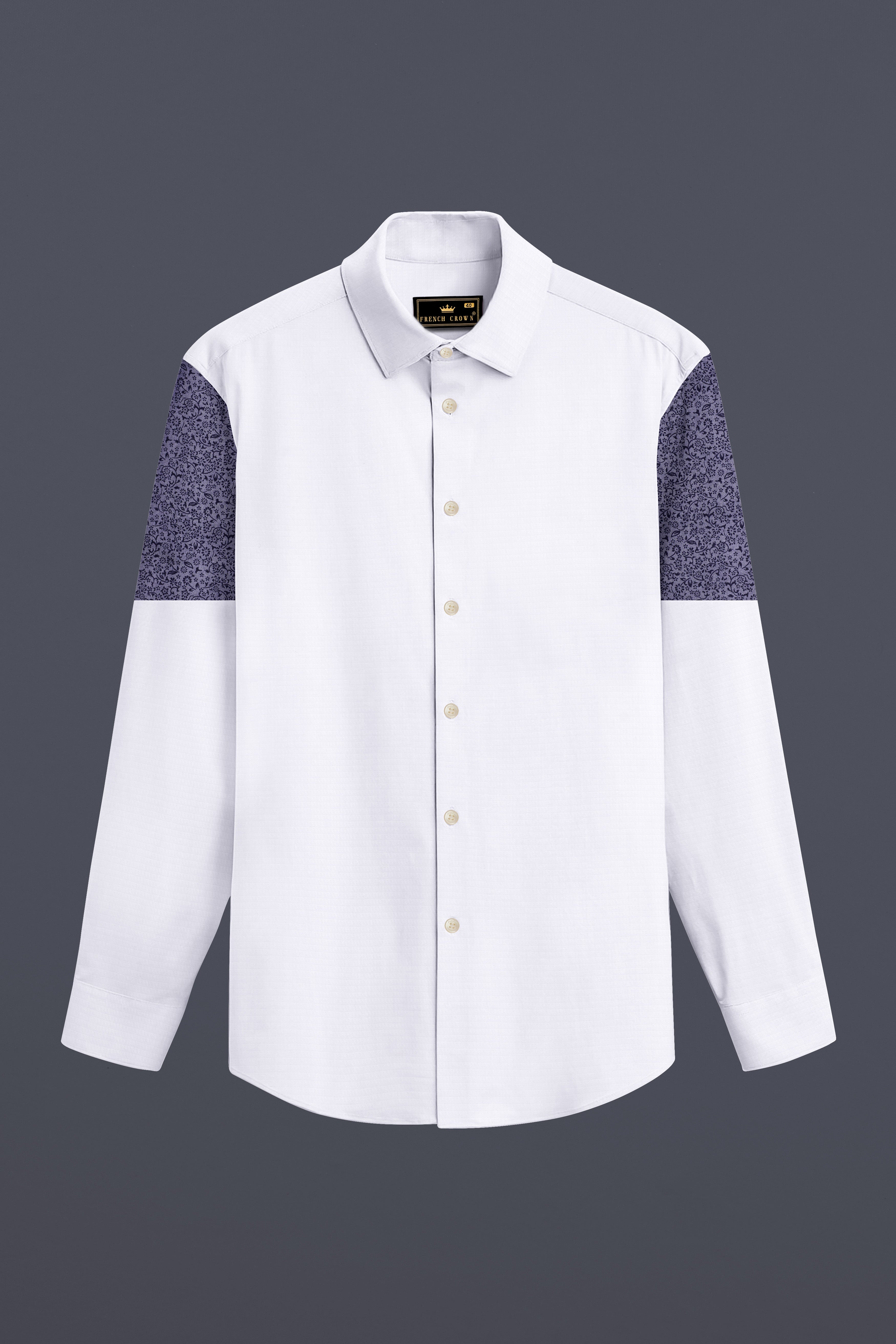 Bright White with Blue Patch Work Dobby Textured Giza Cotton Designer Shirt
