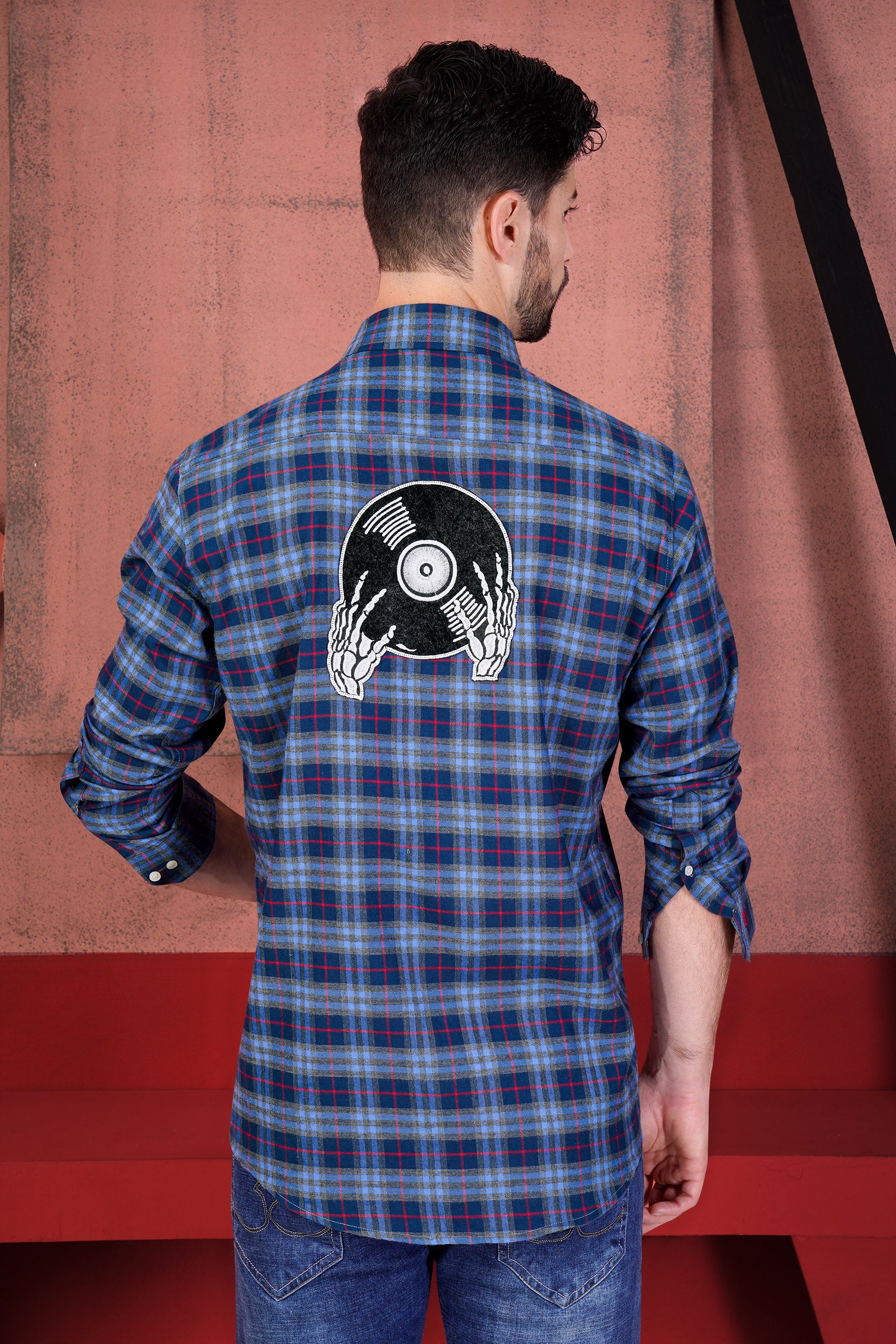 Midnight Blue and Shiraz Red Twill Plaid with Funky Patchwork Premium Cotton Designer Shirt