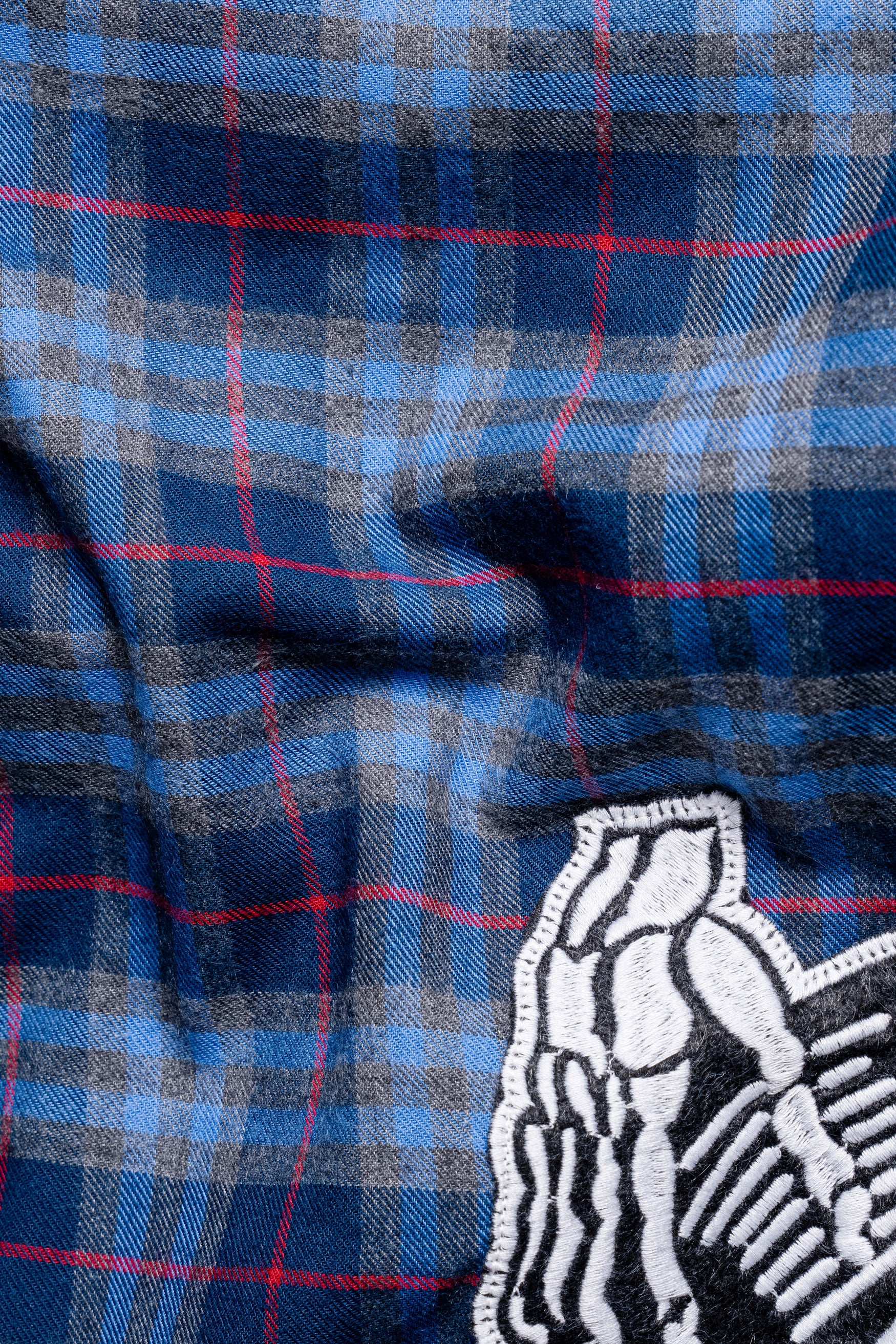 Midnight Blue and Shiraz Red Twill Plaid with Funky Patchwork Premium Cotton Designer Shirt