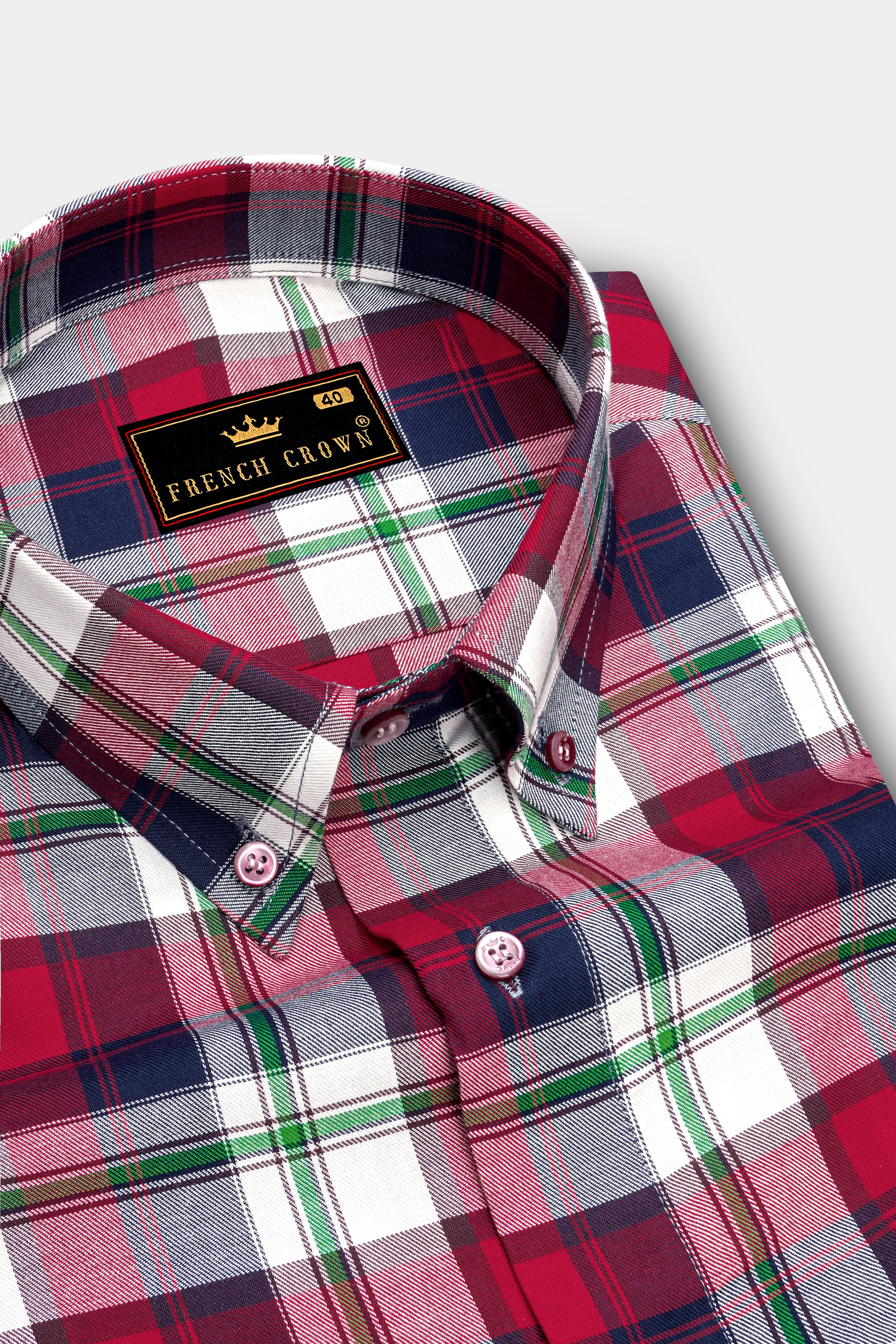 Bright White with Tamarillo Red and Caribbean Green Twill Windowpane Premium Cotton Shirt