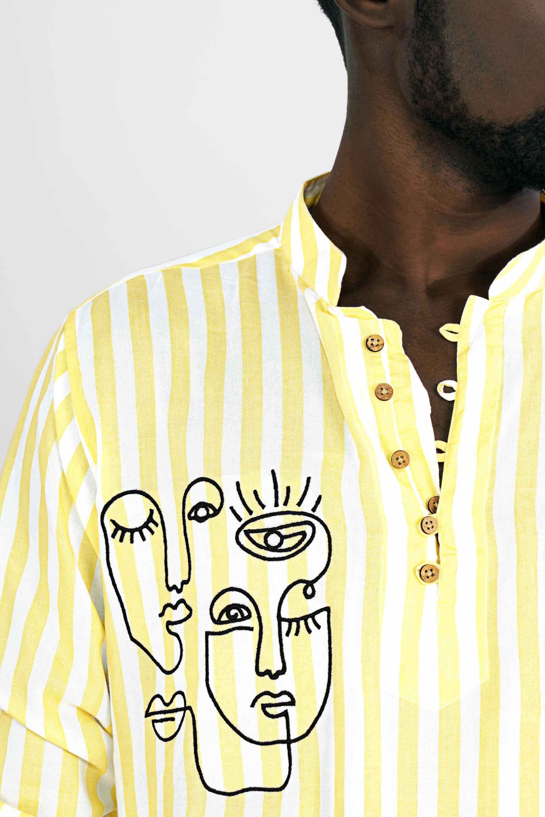 Goldenrod Yellow and White Striped with Face Embroidered Premium Tencel Designer Kurta Shirt 8250-KS-E171-38, 8250-KS-E171-H-38, 8250-KS-E171-39, 8250-KS-E171-H-39, 8250-KS-E171-40, 8250-KS-E171-H-40, 8250-KS-E171-42, 8250-KS-E171-H-42, 8250-KS-E171-44, 8250-KS-E171-H-44, 8250-KS-E171-46, 8250-KS-E171-H-46, 8250-KS-E171-48, 8250-KS-E171-H-48, 8250-KS-E171-50, 8250-KS-E171-H-50, 8250-KS-E171-52, 8250-KS-E171-H-52