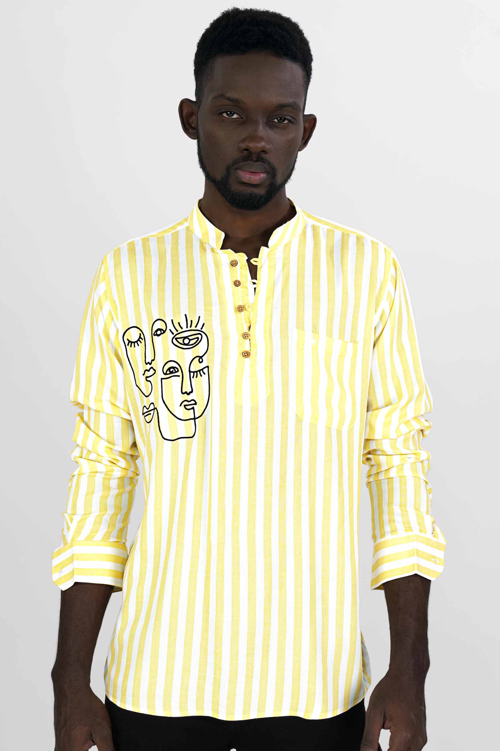 Goldenrod Yellow and White Striped with Face Embroidered Premium Tencel Designer Kurta Shirt 8250-KS-E171-38, 8250-KS-E171-H-38, 8250-KS-E171-39, 8250-KS-E171-H-39, 8250-KS-E171-40, 8250-KS-E171-H-40, 8250-KS-E171-42, 8250-KS-E171-H-42, 8250-KS-E171-44, 8250-KS-E171-H-44, 8250-KS-E171-46, 8250-KS-E171-H-46, 8250-KS-E171-48, 8250-KS-E171-H-48, 8250-KS-E171-50, 8250-KS-E171-H-50, 8250-KS-E171-52, 8250-KS-E171-H-52
