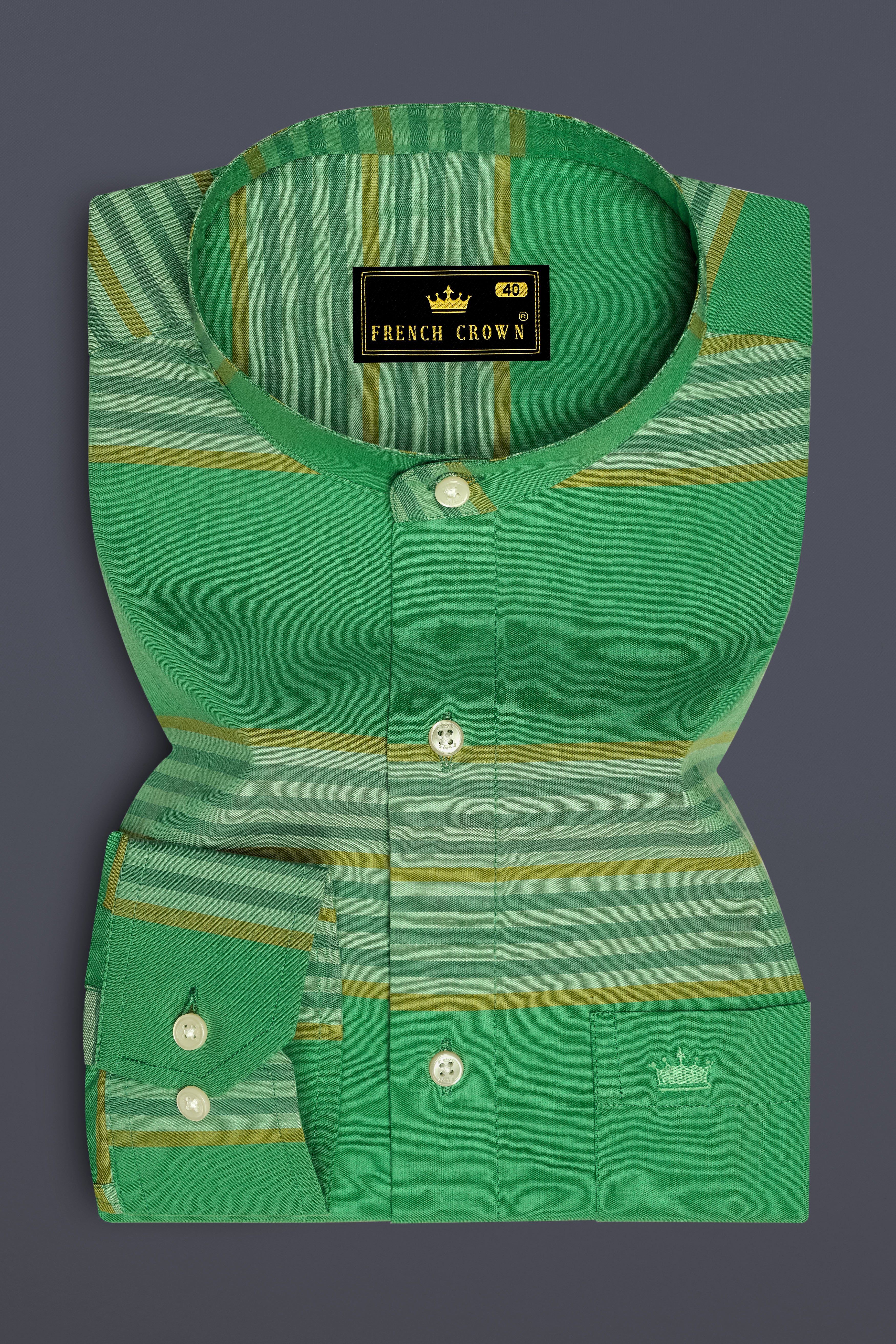 Lichen Green with Laser Yellow Striped Premium Cotton Shirt