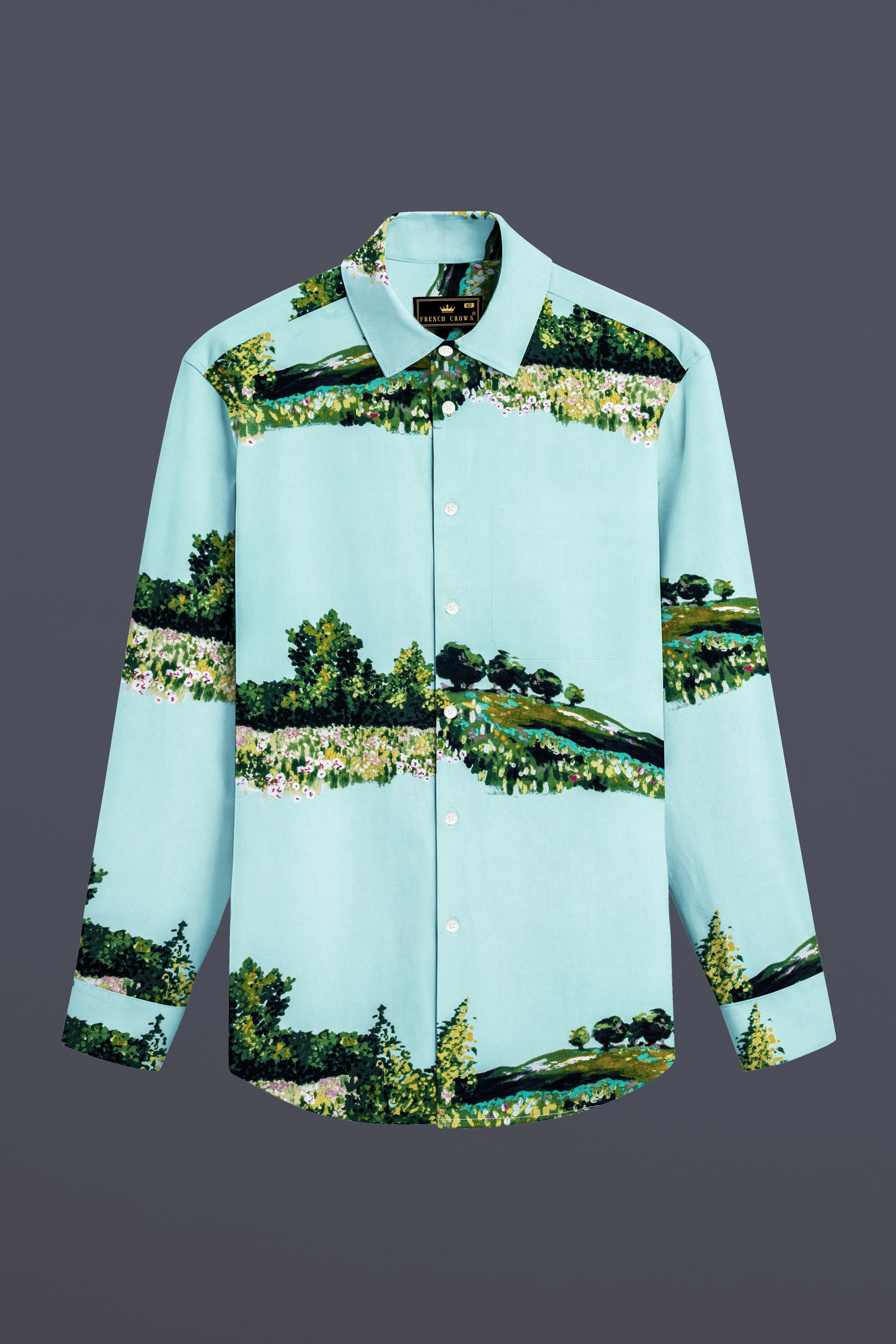 Pale Turquoise Blue Tropical Printed Premium Cotton Shirt