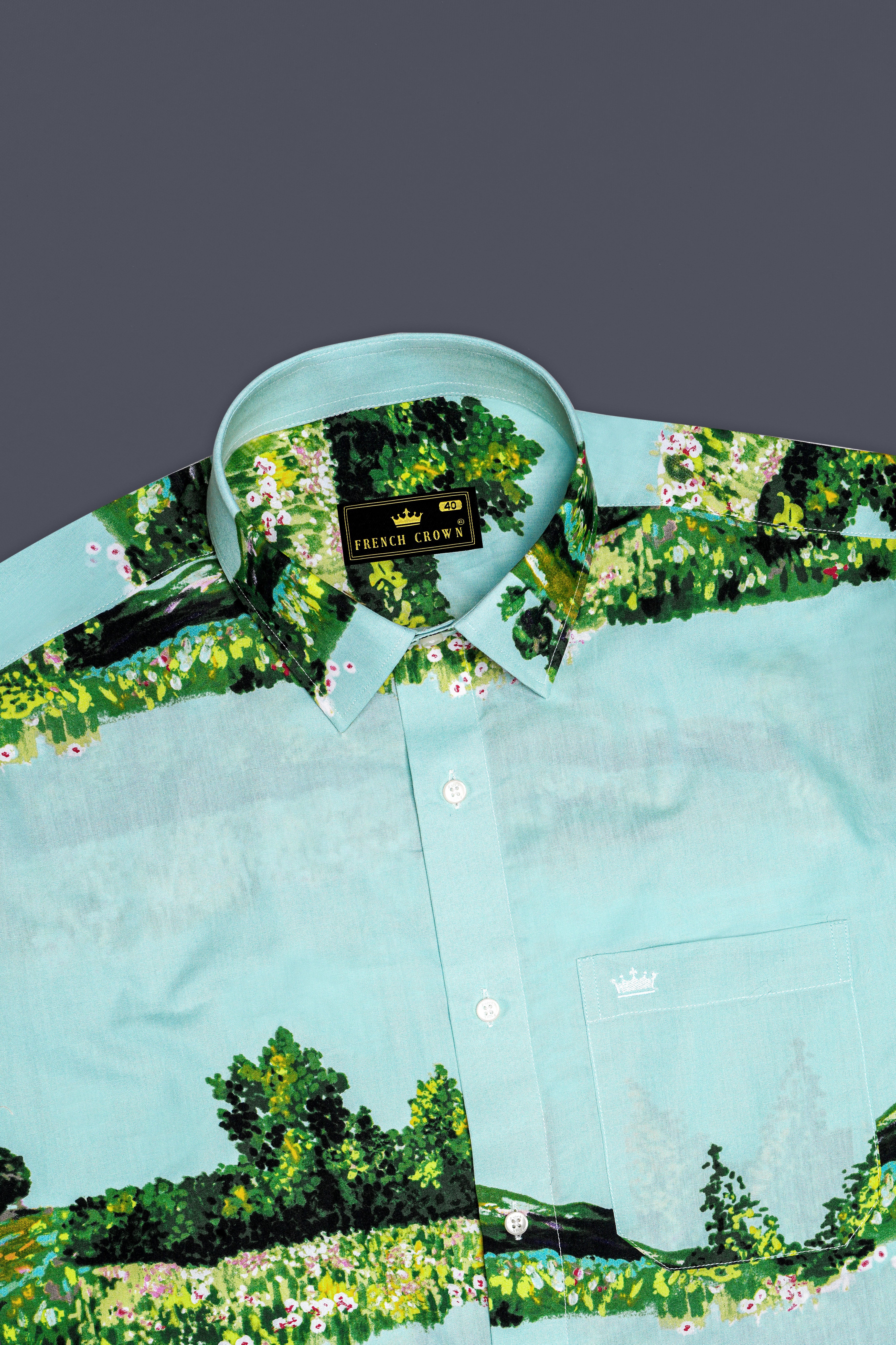 Pale Turquoise Blue Tropical Printed Premium Cotton Shirt
