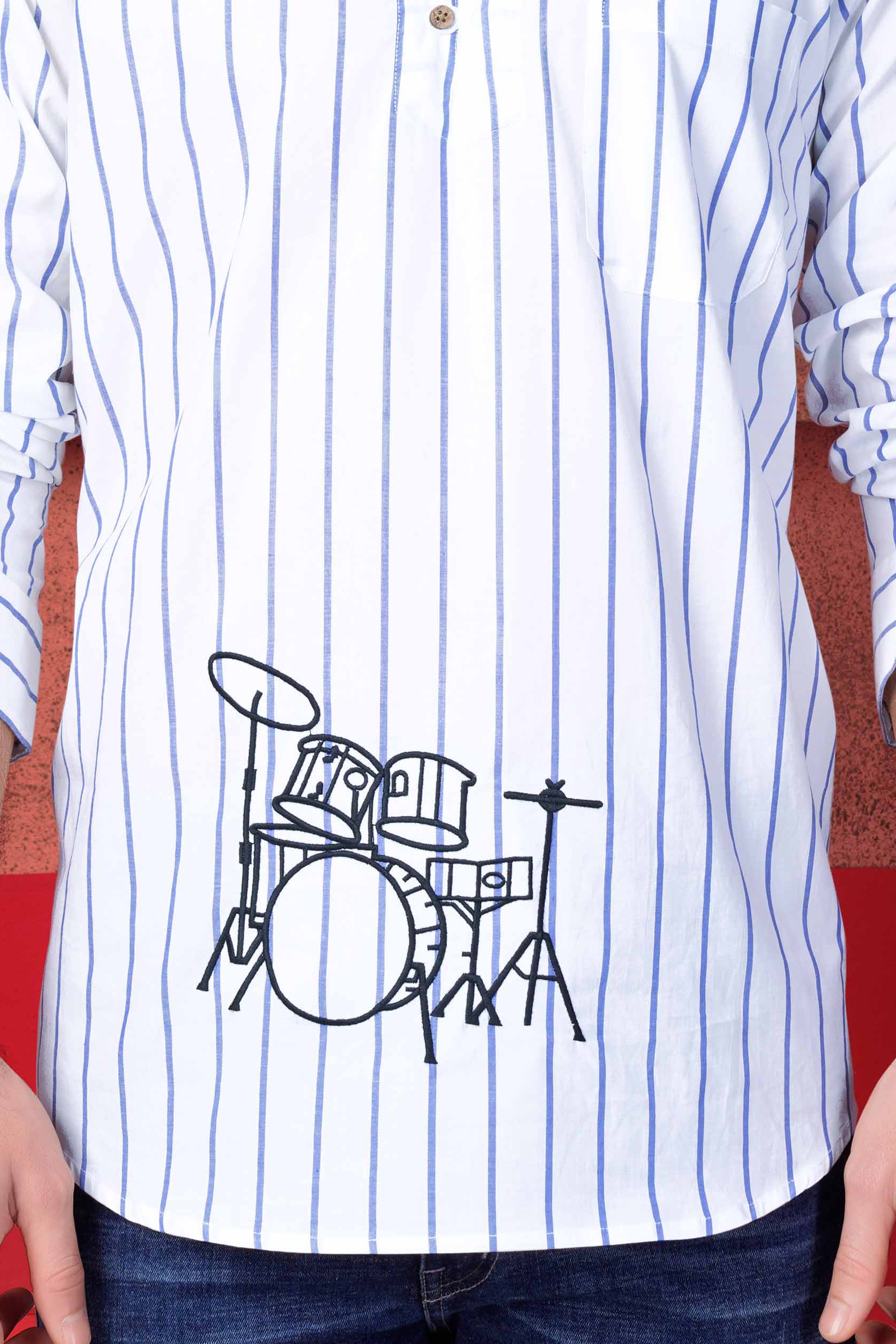 Bright White and Danube Blue Striped with Drum Set Embroidered Premium Cotton Designer Kurta Shirt