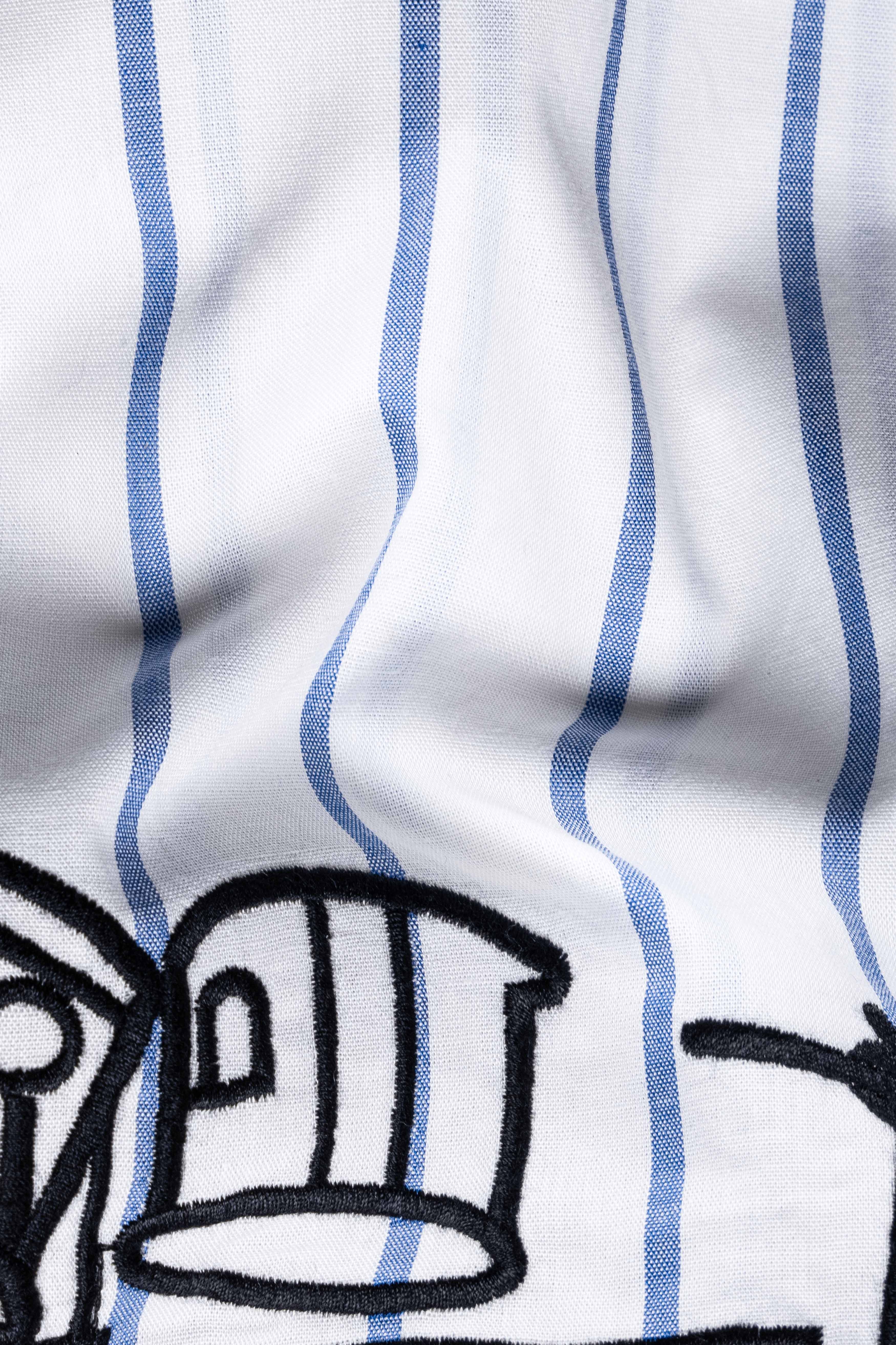 Bright White and Danube Blue Striped with Drum Set Embroidered Premium Cotton Designer Kurta Shirt