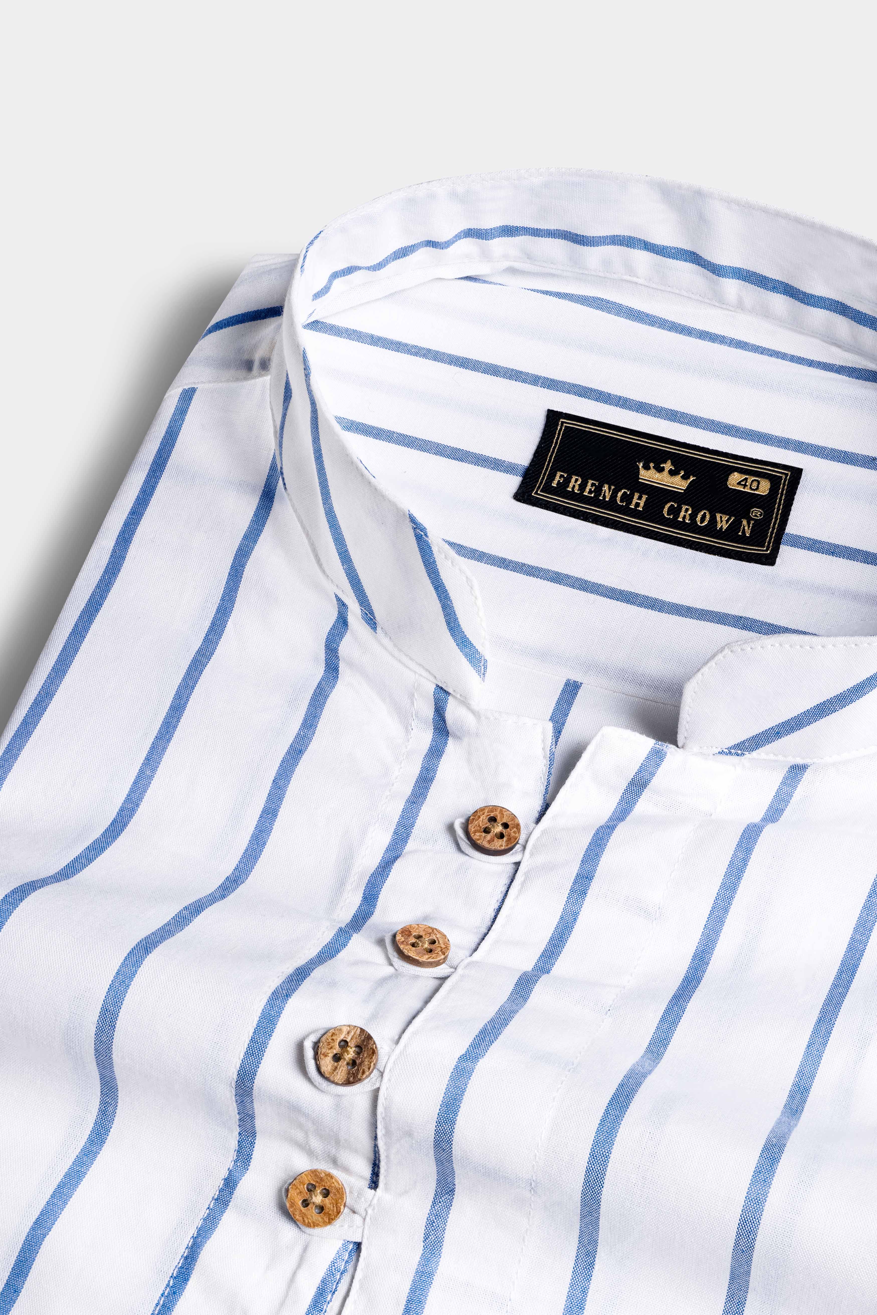 Bright White and Danube Blue Striped with Drum Set Embroidered Premium Cotton Designer Kurta Shirt