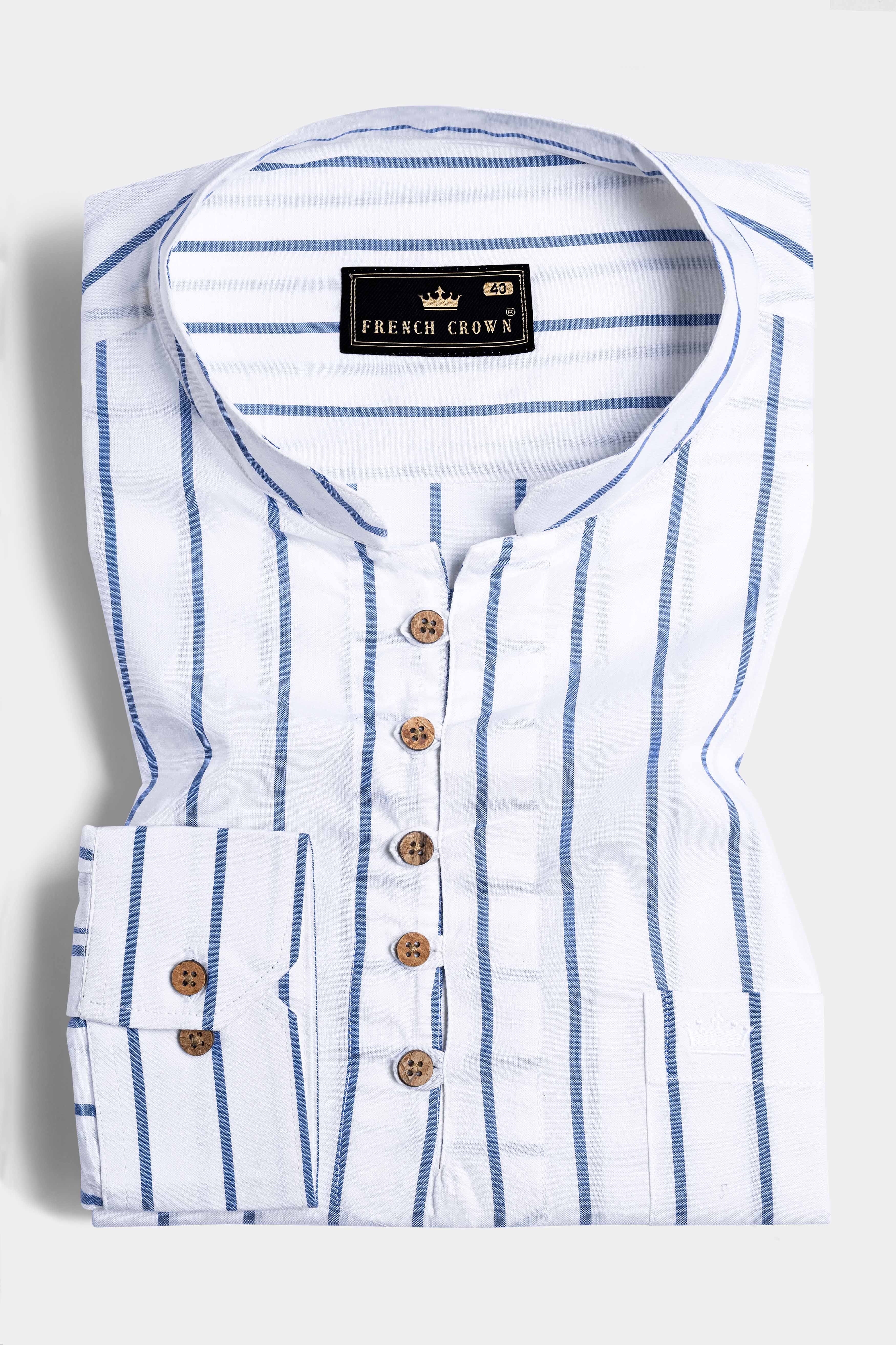 Bright White and Danube Blue Striped with Drum Set Embroidered Premium Cotton Designer Kurta Shirt