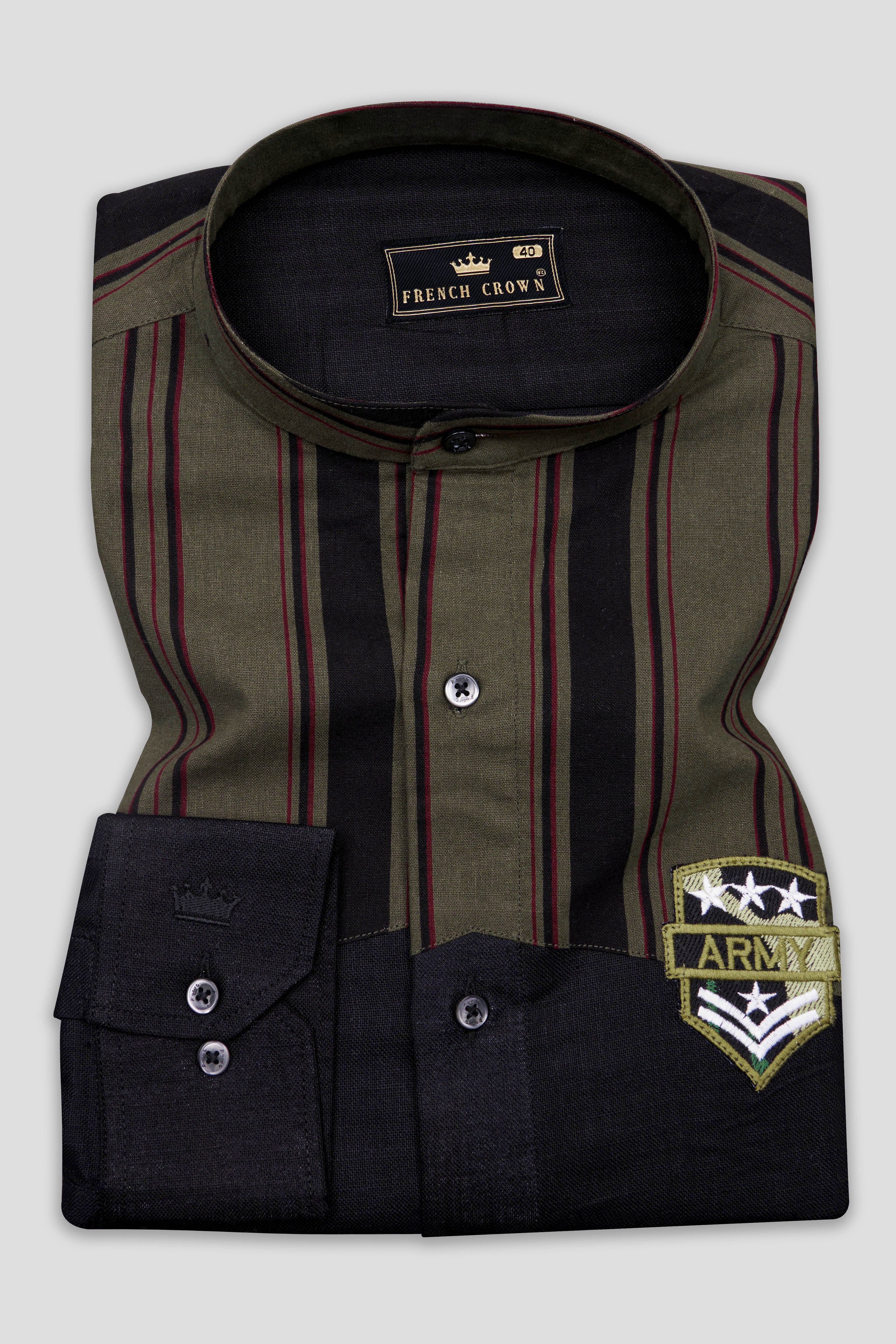 Jade Black and Taupe Green Striped with Embroidered logo Dobby Premium Giza Cotton Designer Shirt