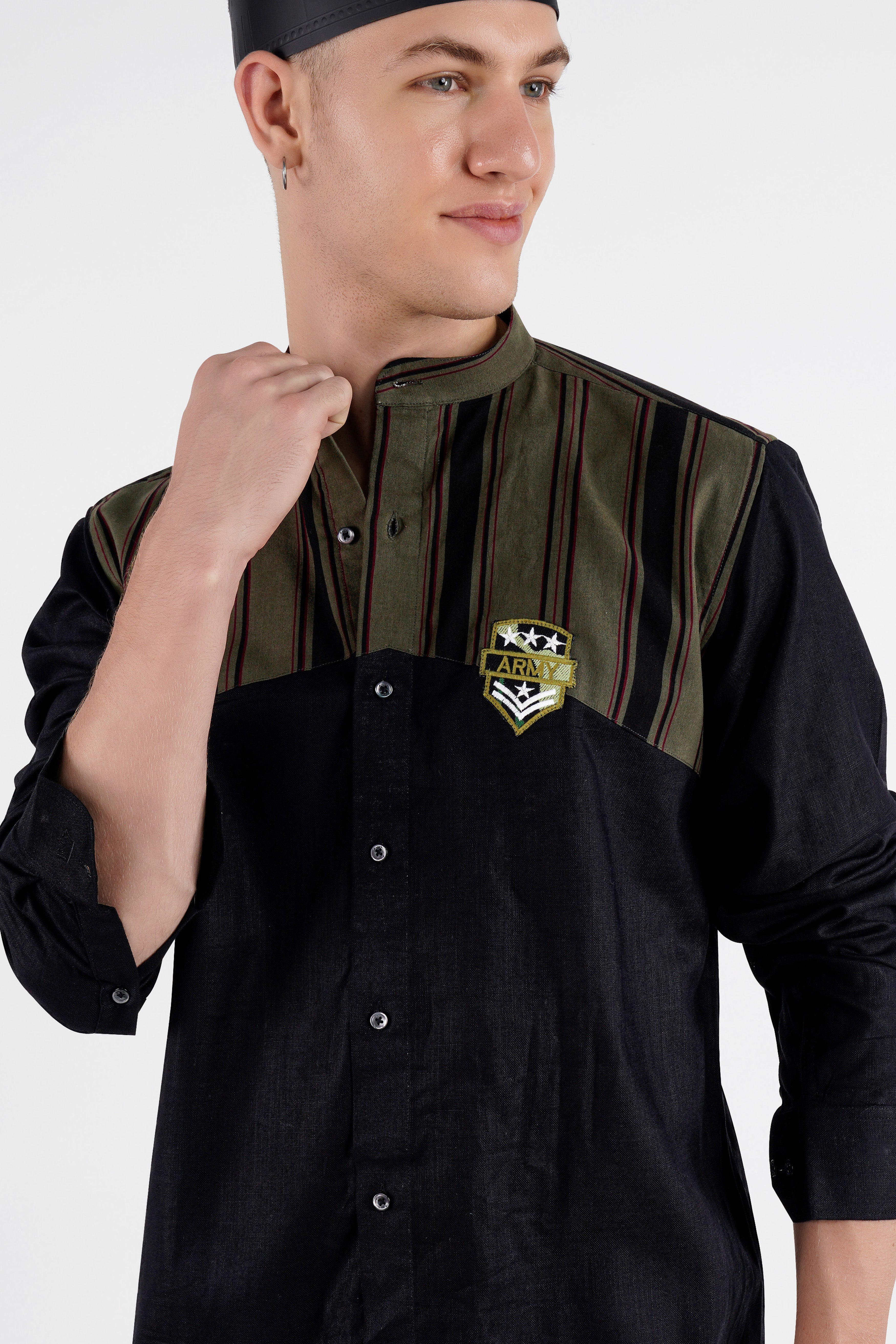 Jade Black and Taupe Green Striped with Embroidered logo Dobby Premium Giza Cotton Designer Shirt