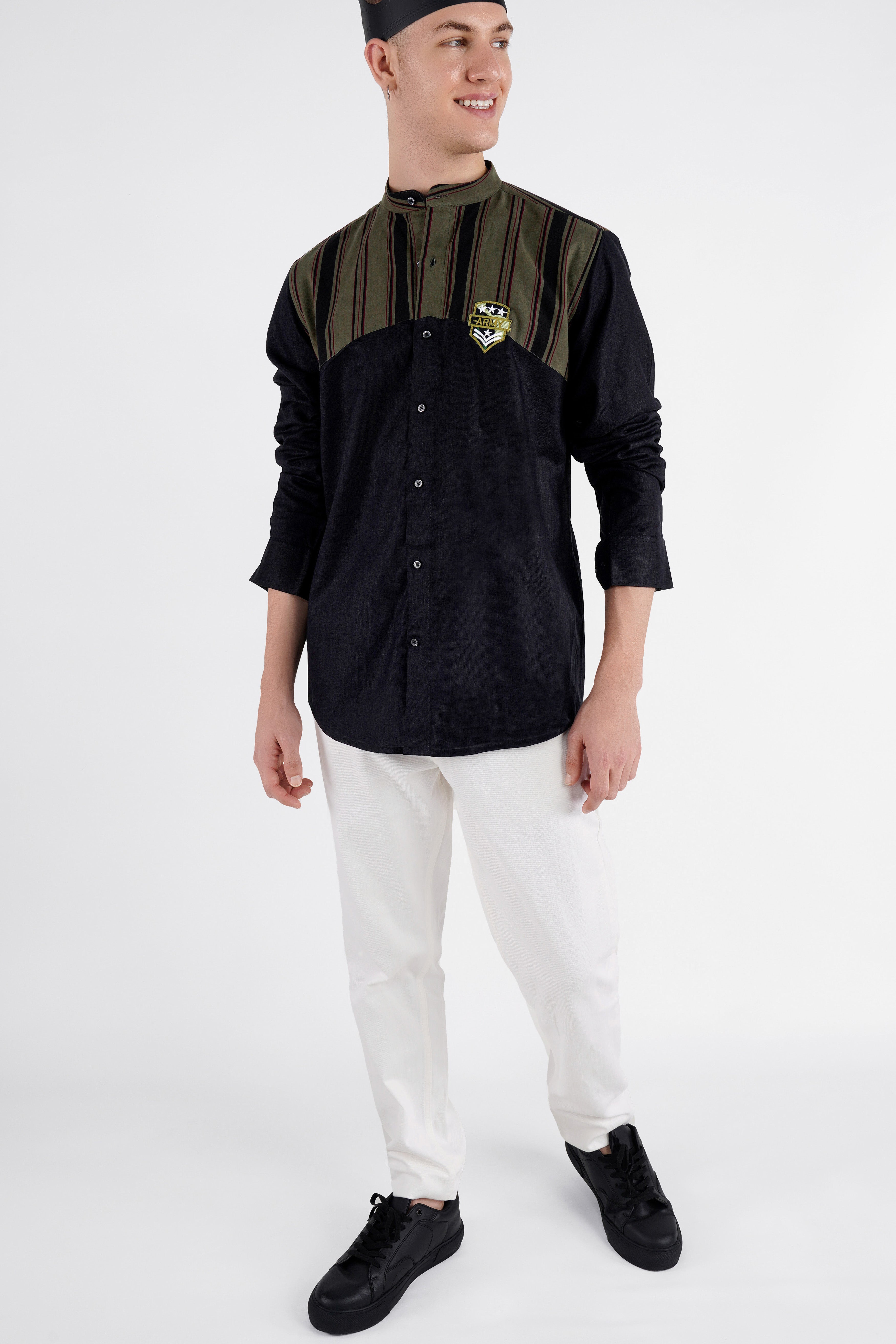 Jade Black and Taupe Green Striped with Embroidered logo Dobby Premium Giza Cotton Designer Shirt