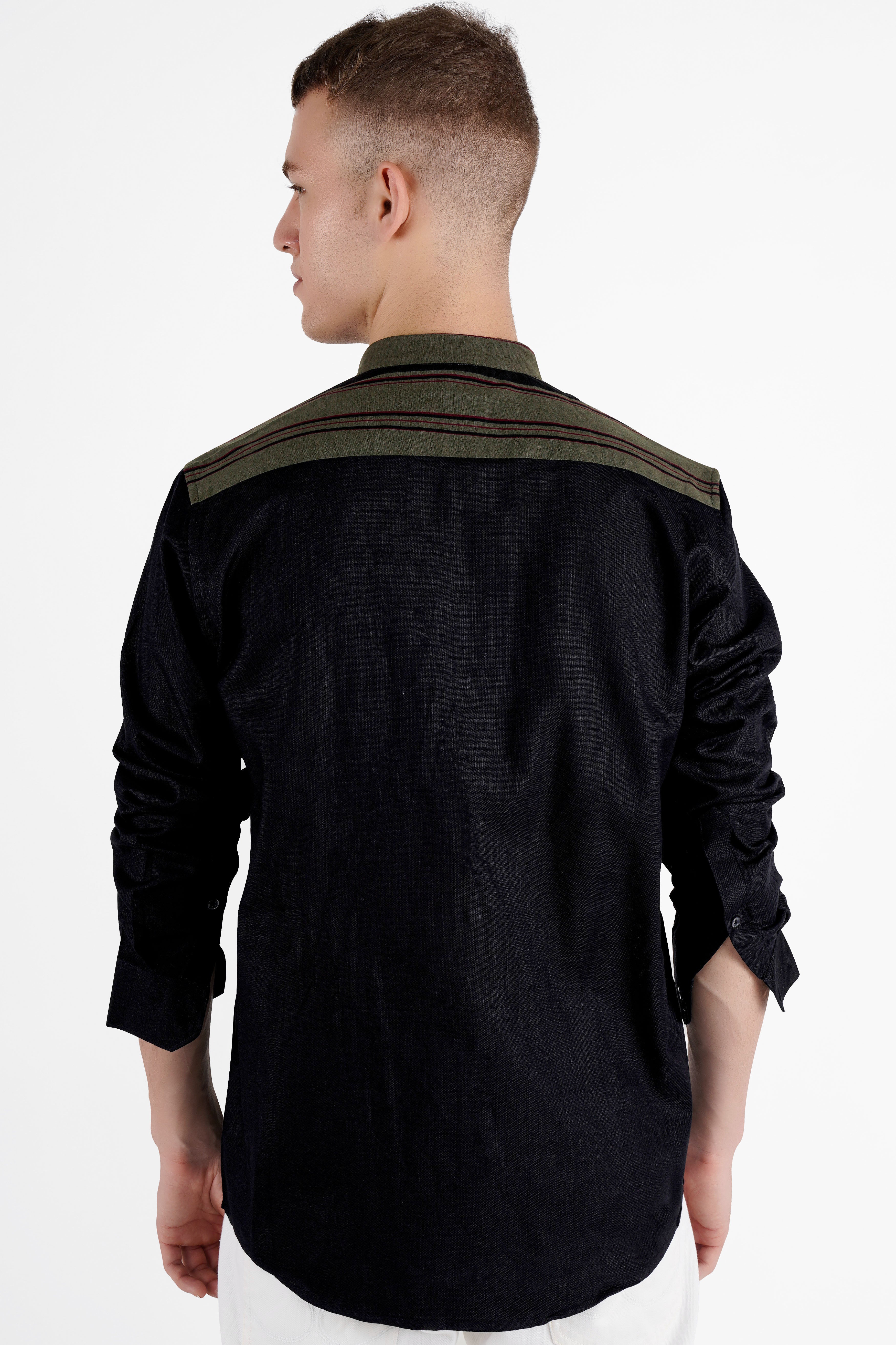 Jade Black and Taupe Green Striped with Embroidered logo Dobby Premium Giza Cotton Designer Shirt