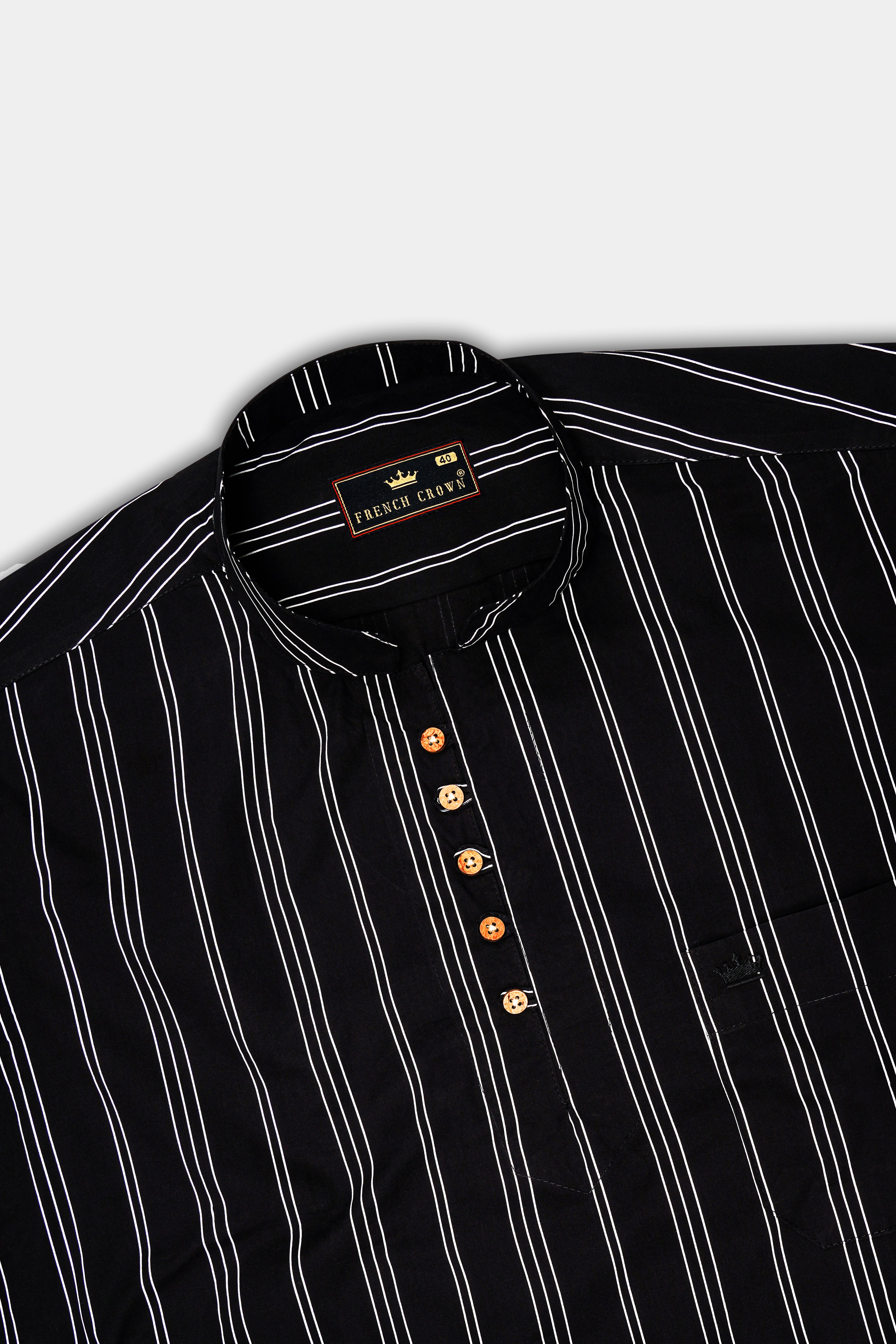 Jade Black with Bright White Striped Twill Premium Cotton Kurta Shirt