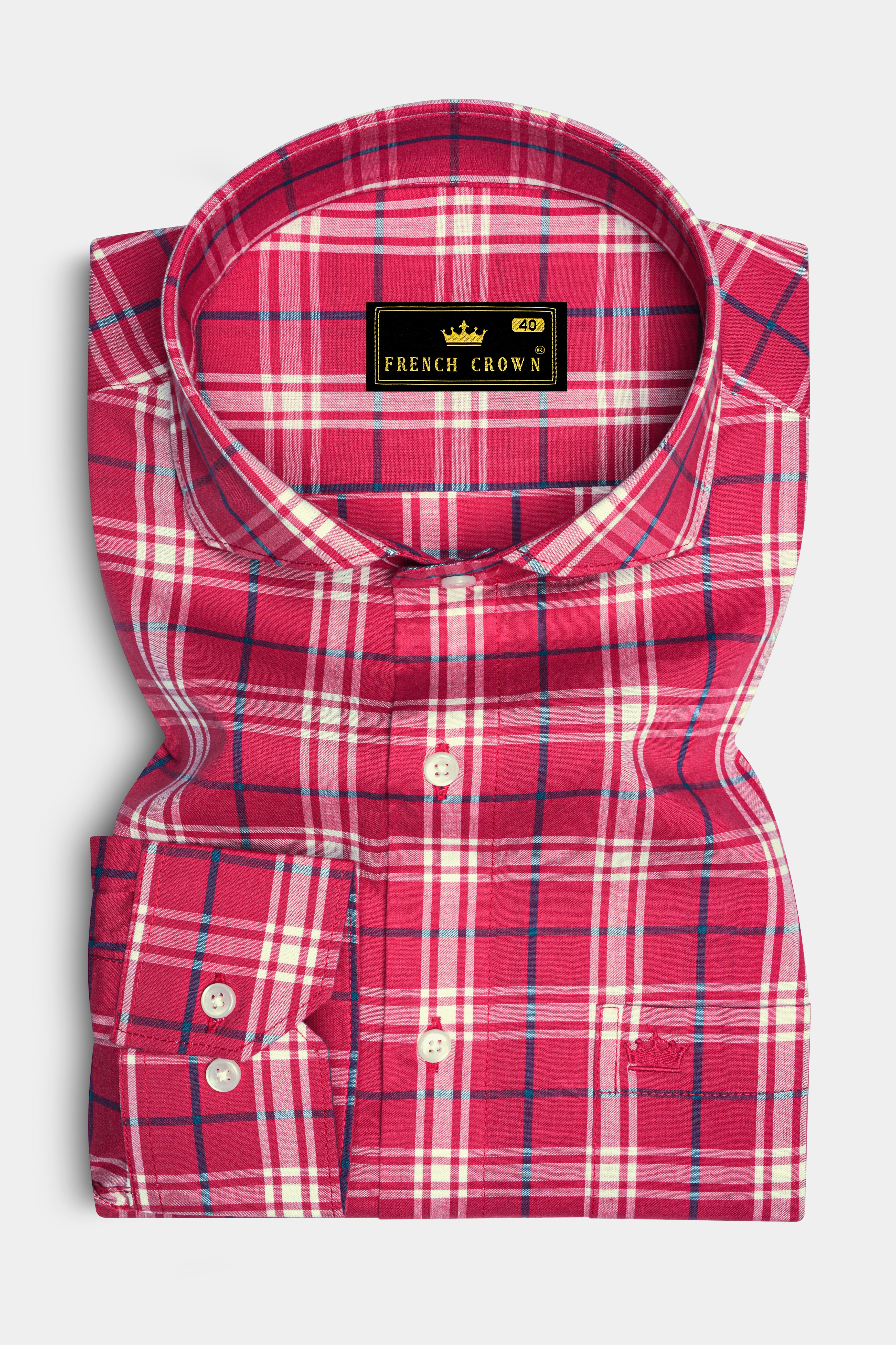 Burgundy With Bright White and Cerulean Blue Windowpane Premium Cotton Shirt