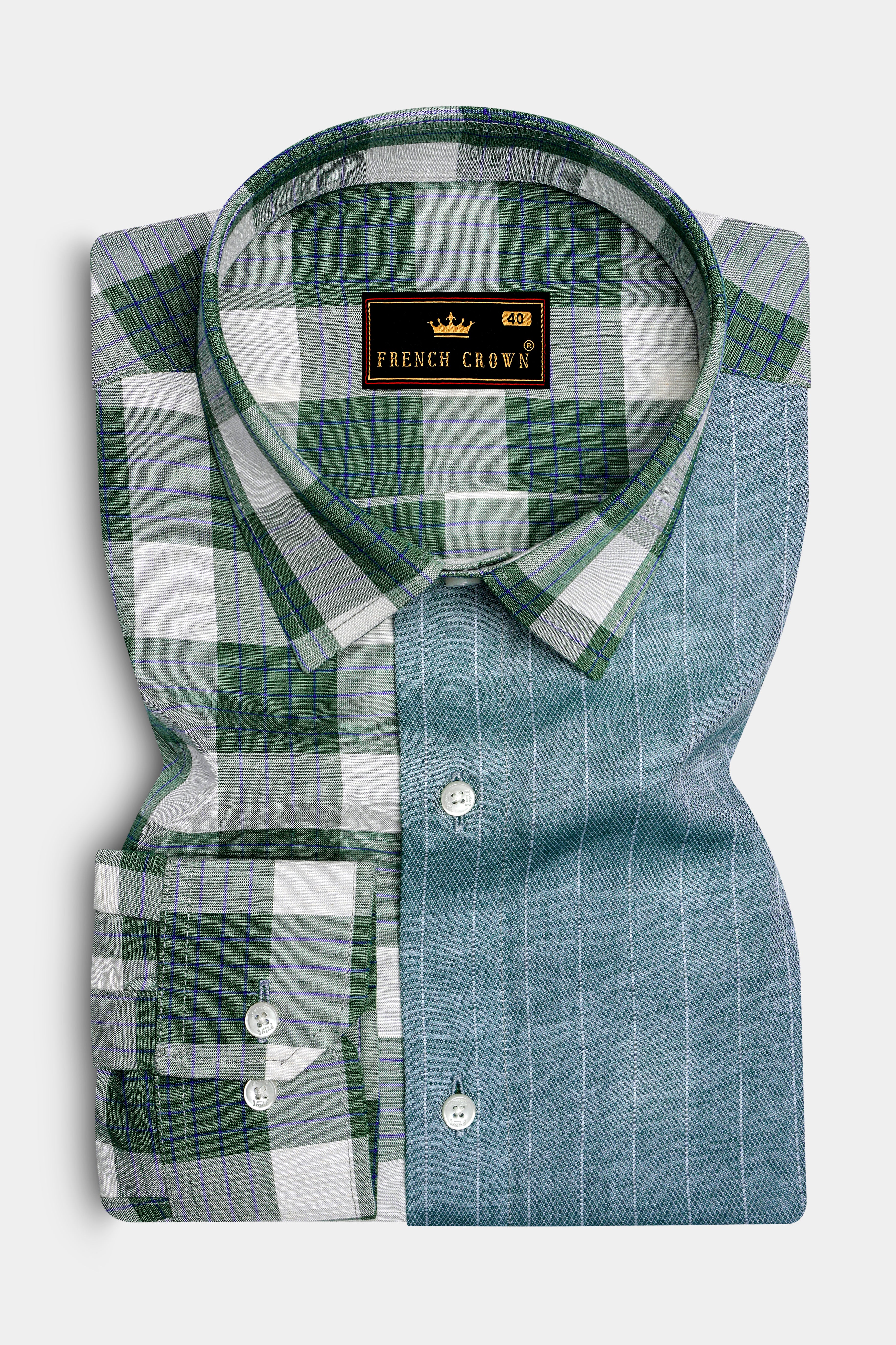 Ziggurat Green Striped with Camarone Green Checkered Luxurious Linen Designer Shirt