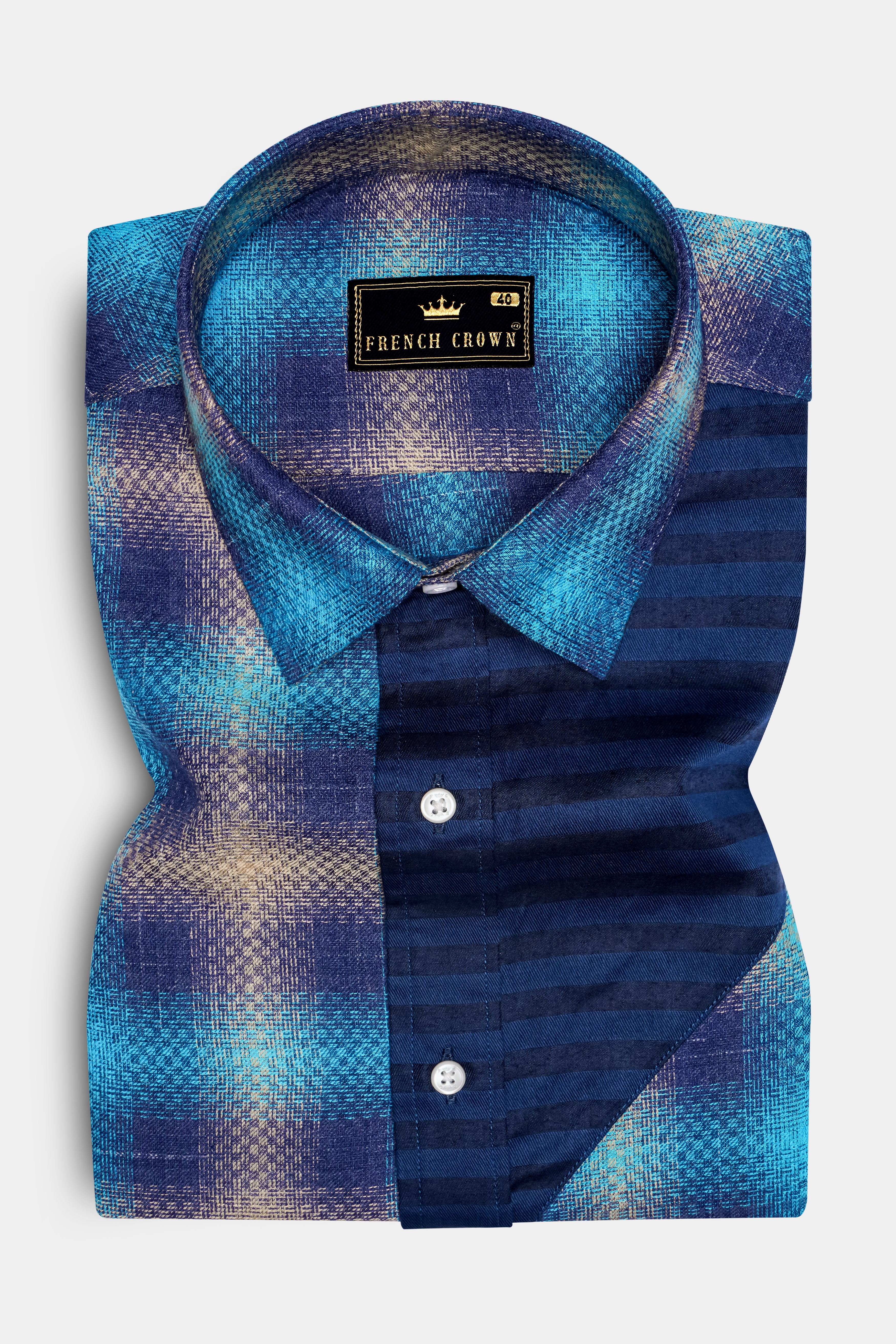 Picton Sky Blue Multicolour Block Pattern Dobby Premium Giza Cotton Designer Shirt