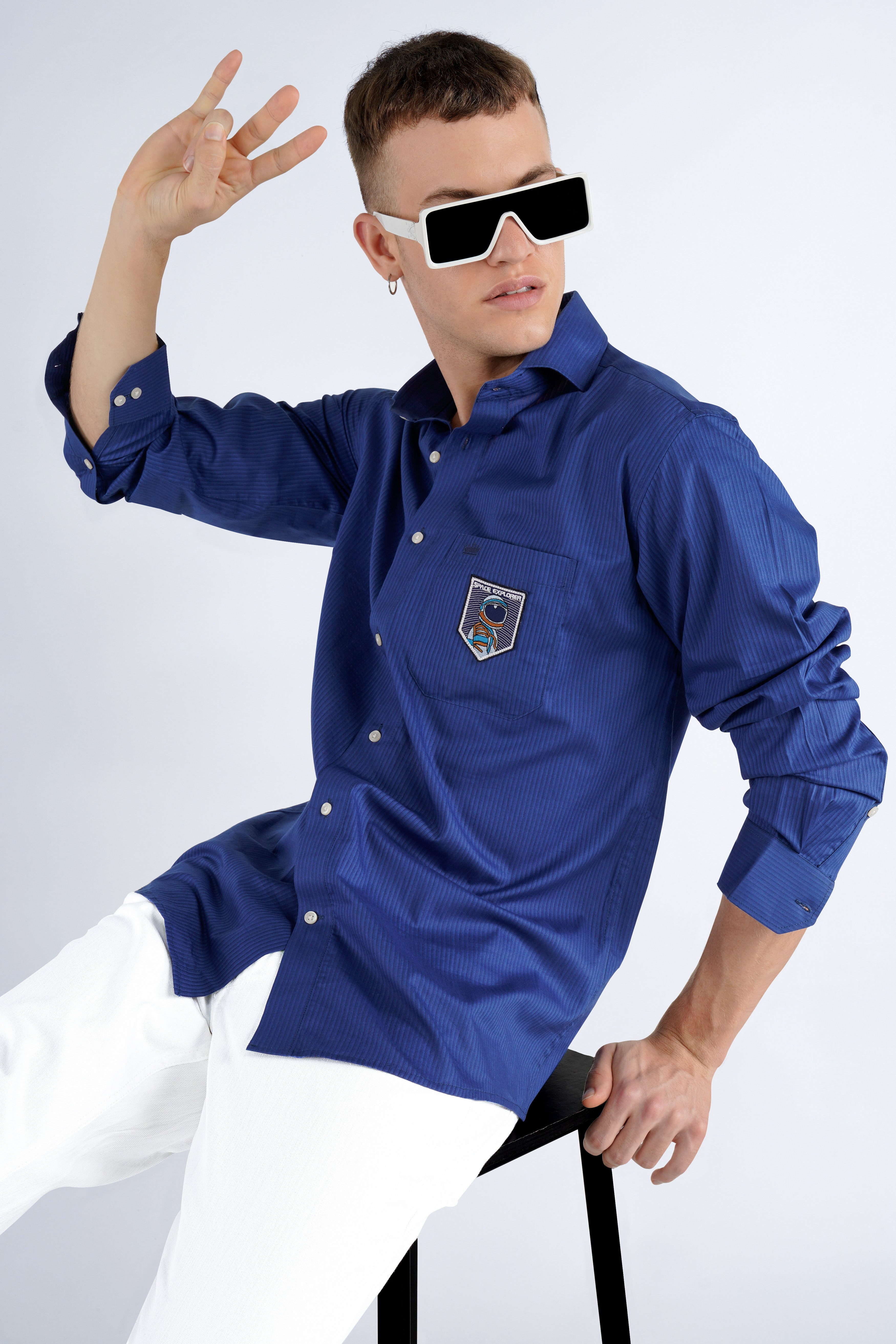 Rhino Blue Pinstriped with Patchwork Dobby Premium Giza Cotton Designer Shirt