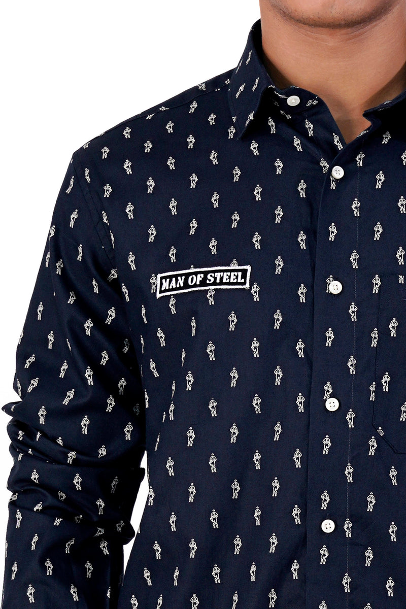 Cinder Blue and White Printed with Patchwork Royal Oxford Designer Shirt
