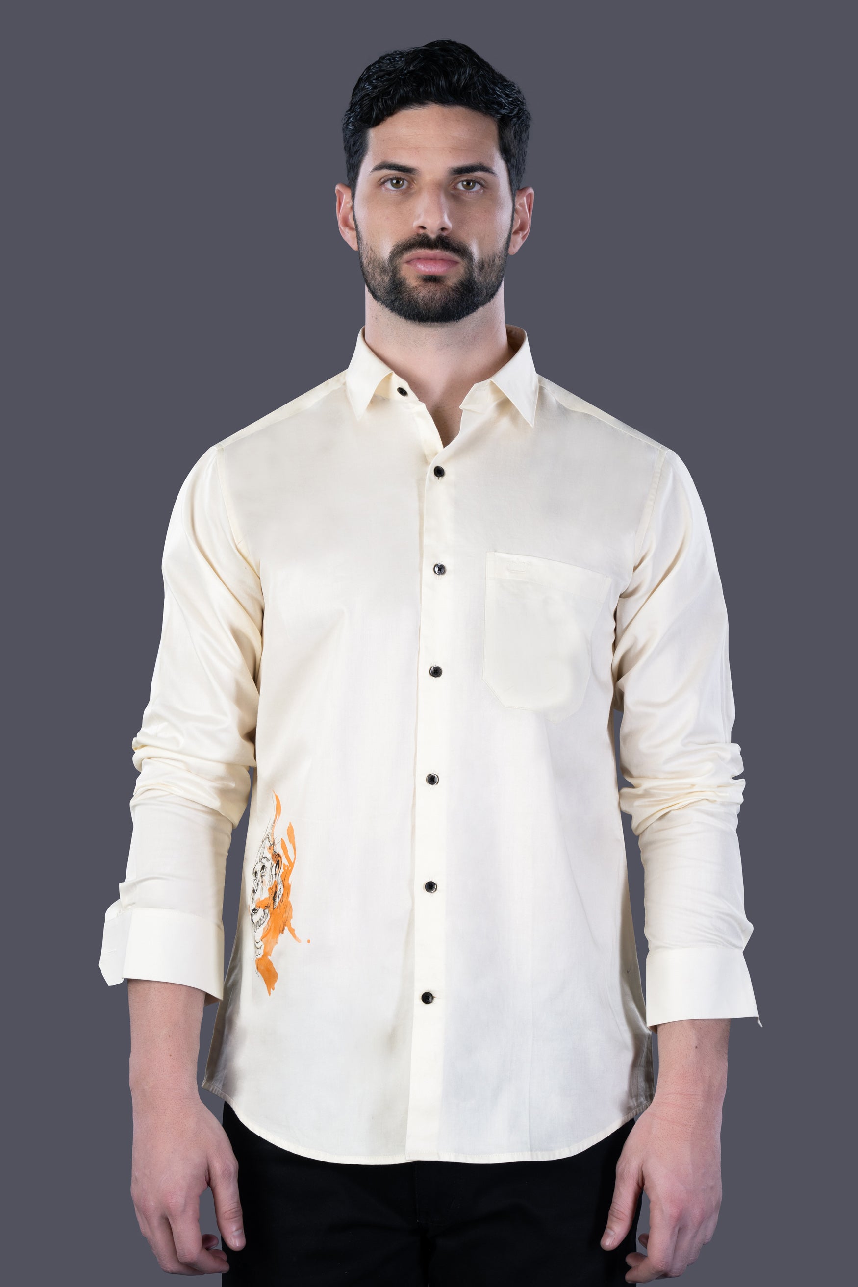 Periglacial Cream Lord Hanuman Hand Painted Subtle Sheen Super Soft Premium Cotton Designer Shirt