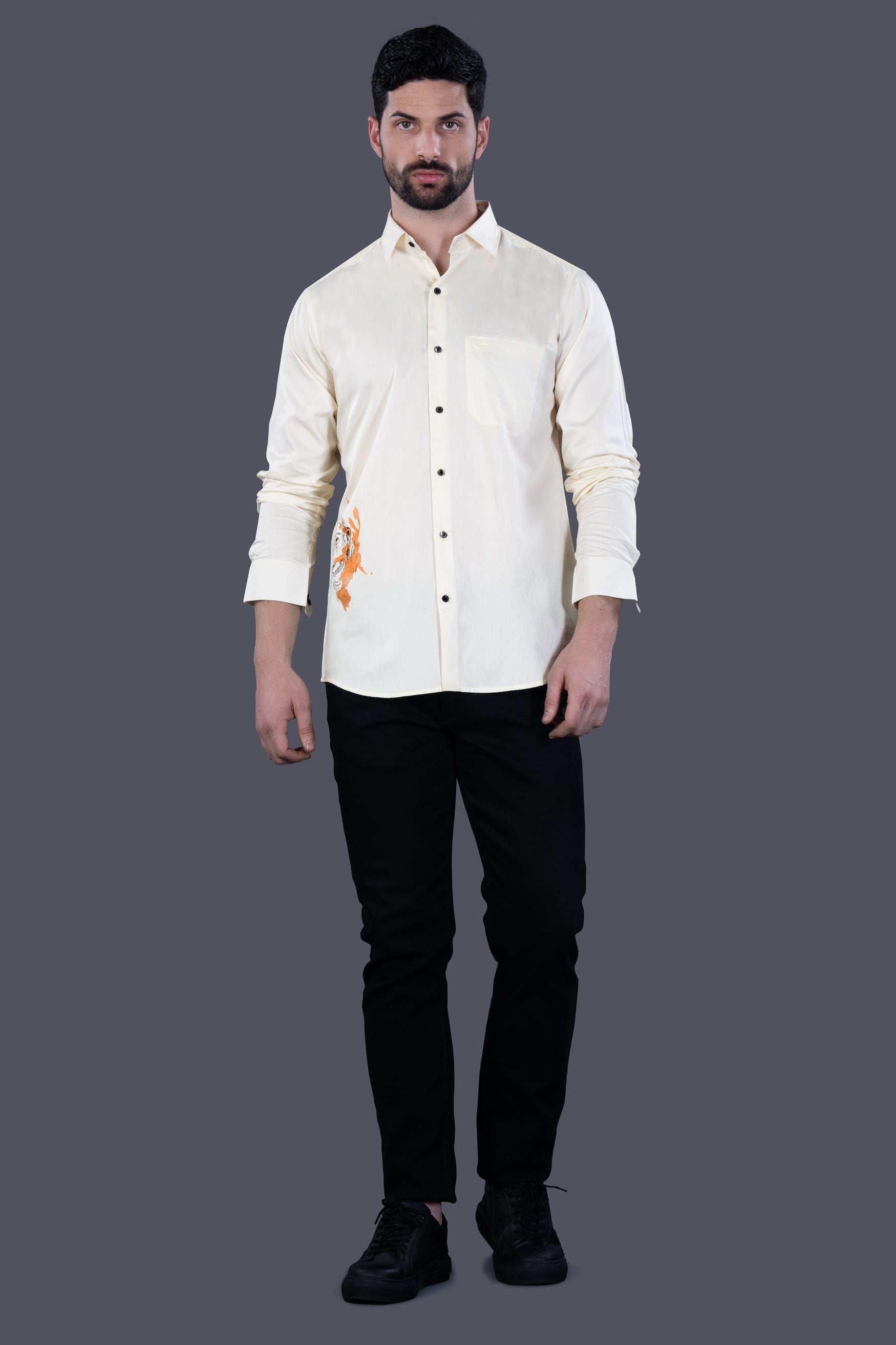 Periglacial Cream Lord Hanuman Hand Painted Subtle Sheen Super Soft Premium Cotton Designer Shirt