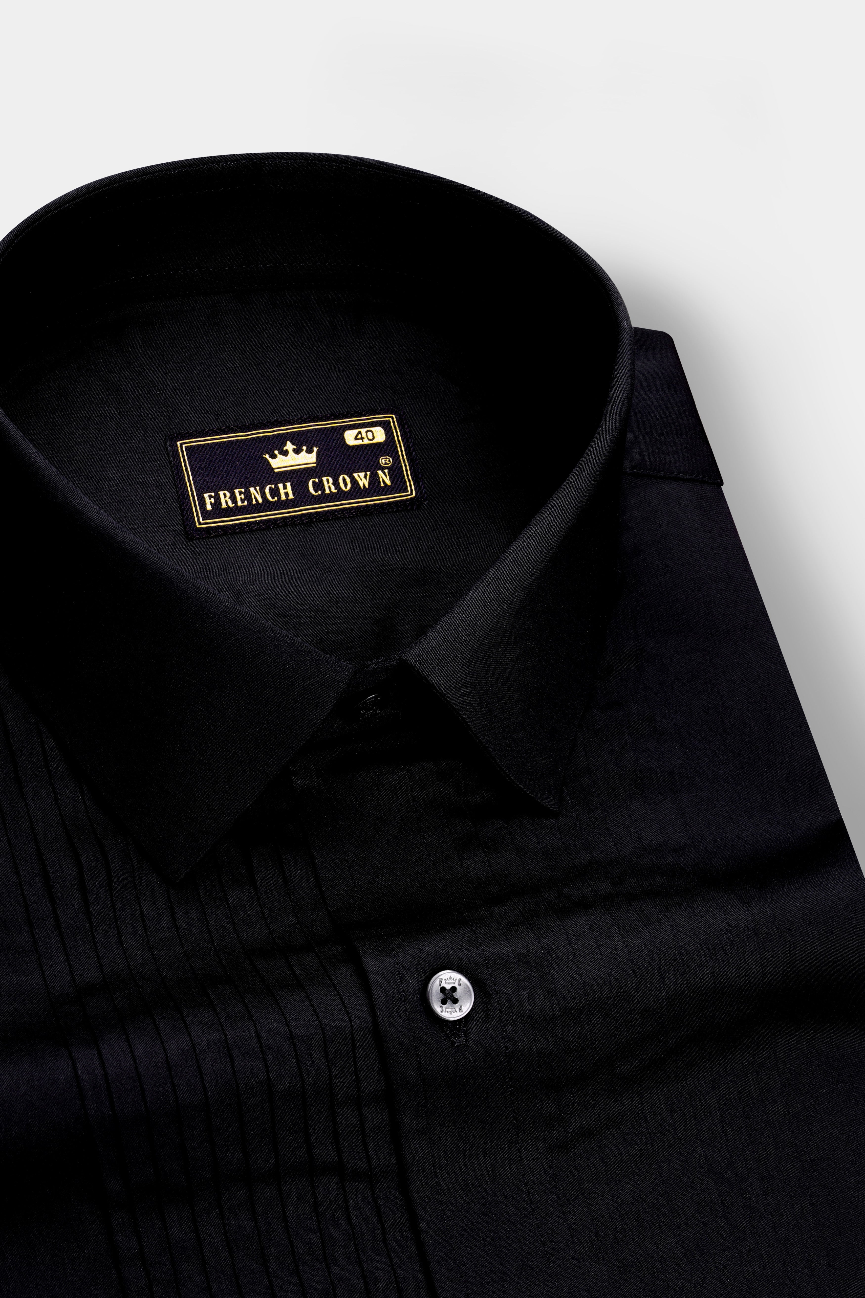 Jade Black Subtle Sheen Snake Pleated Super Soft Premium Cotton Tuxedo Shirt