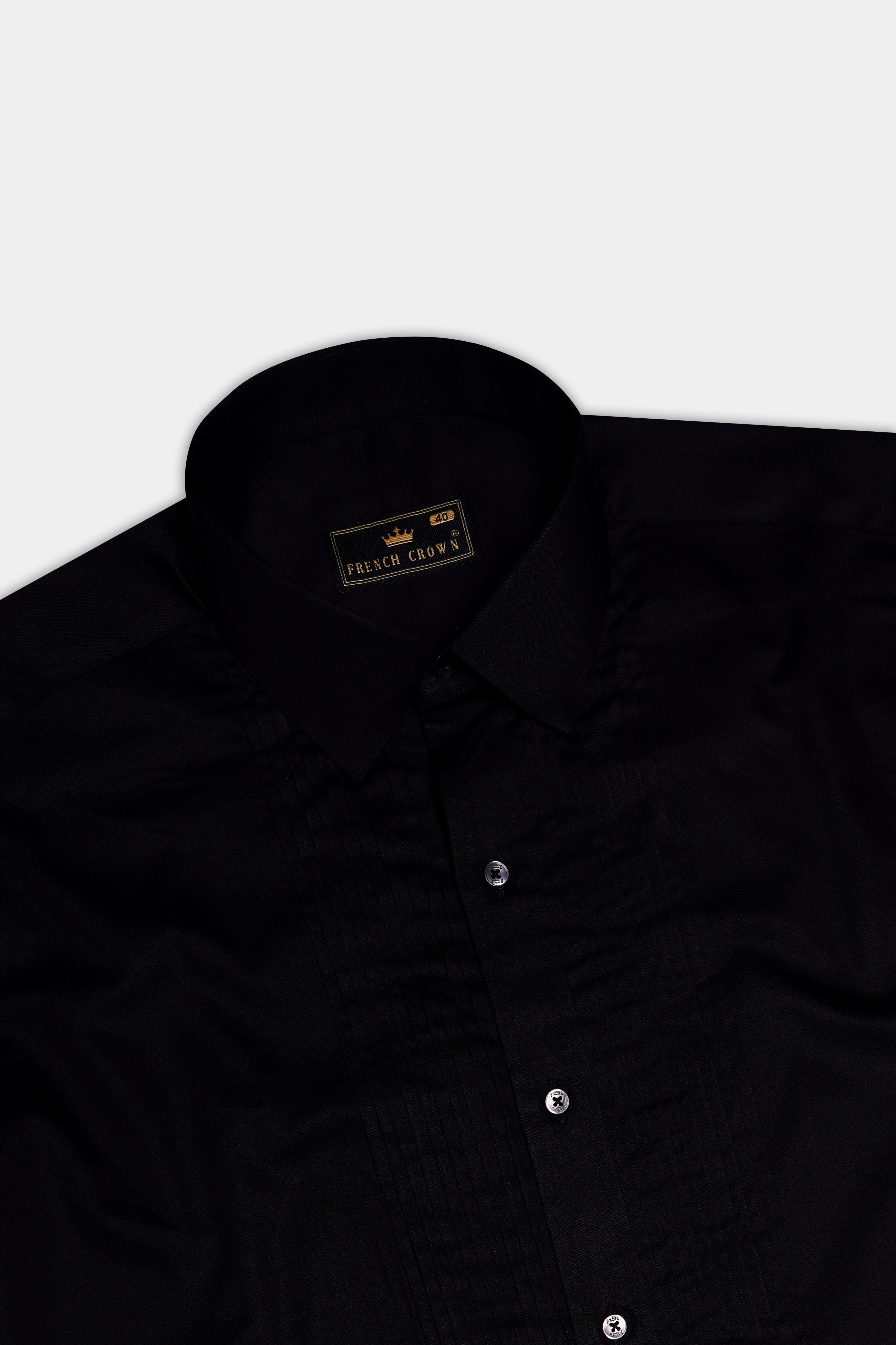 Jade Black Subtle Sheen Snake Pleated Super Soft Premium Cotton Tuxedo Shirt