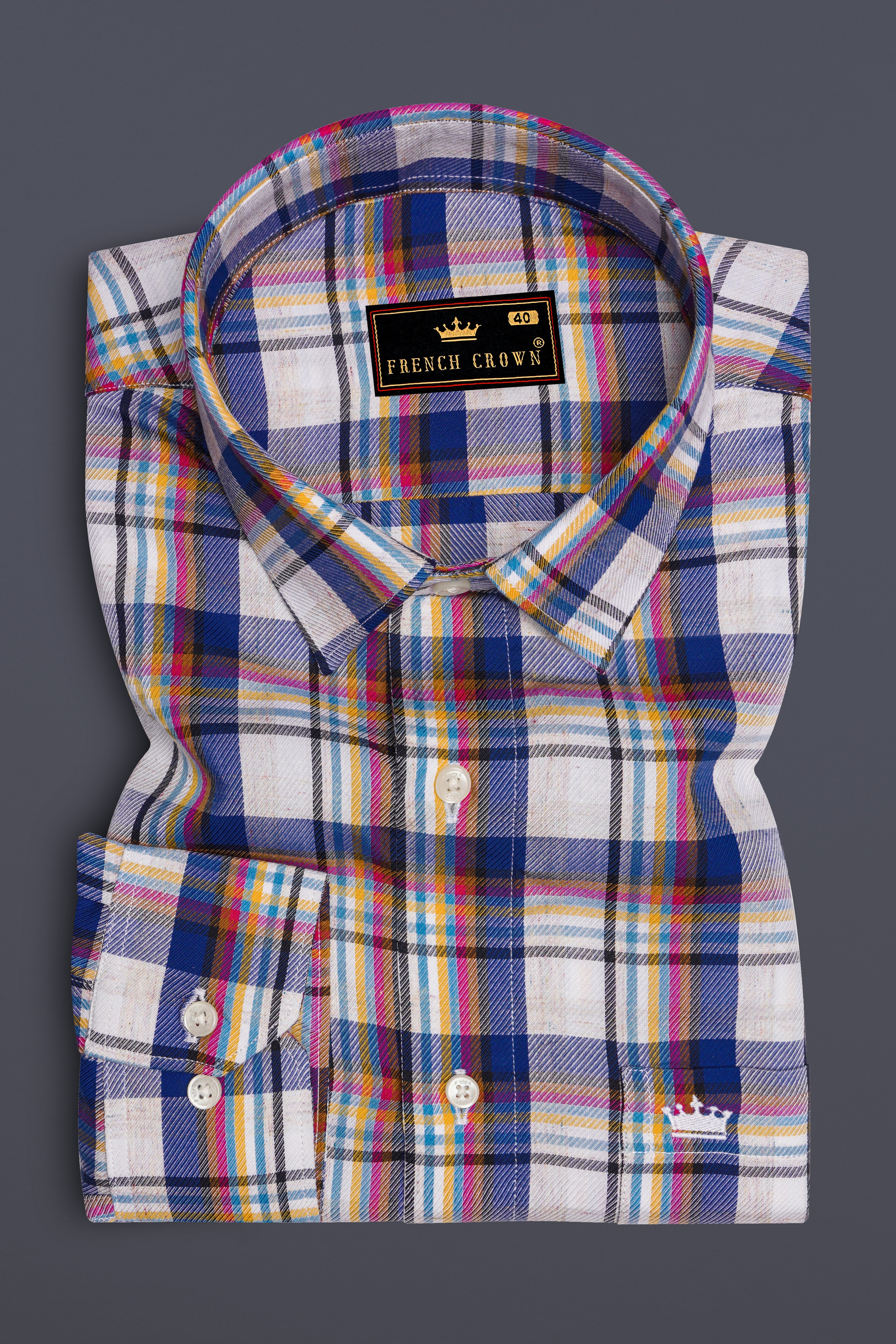 Fawn White with Azure Blue Twill Plaid Premium Cotton Shirt