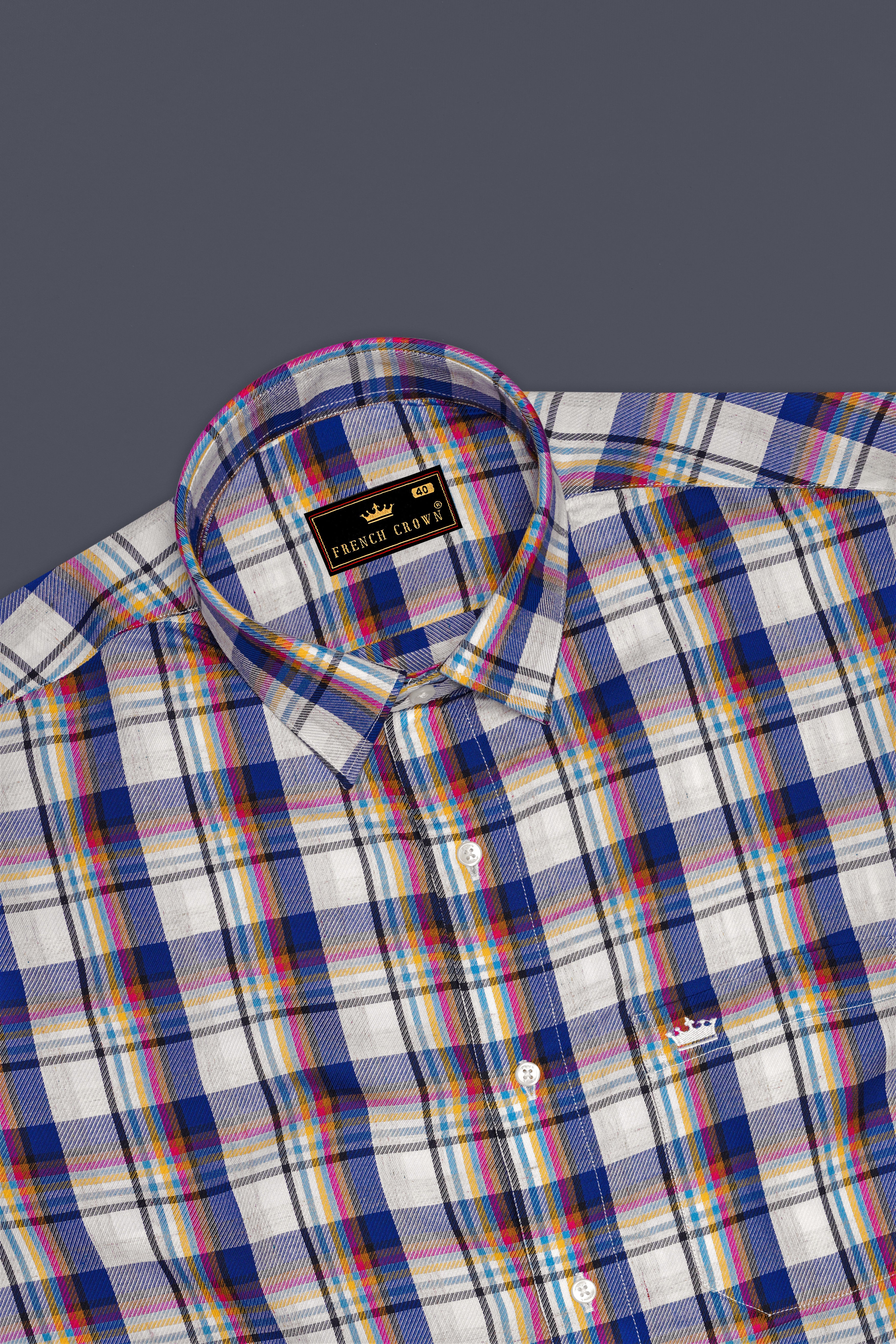 Fawn White with Azure Blue Twill Plaid Premium Cotton Shirt