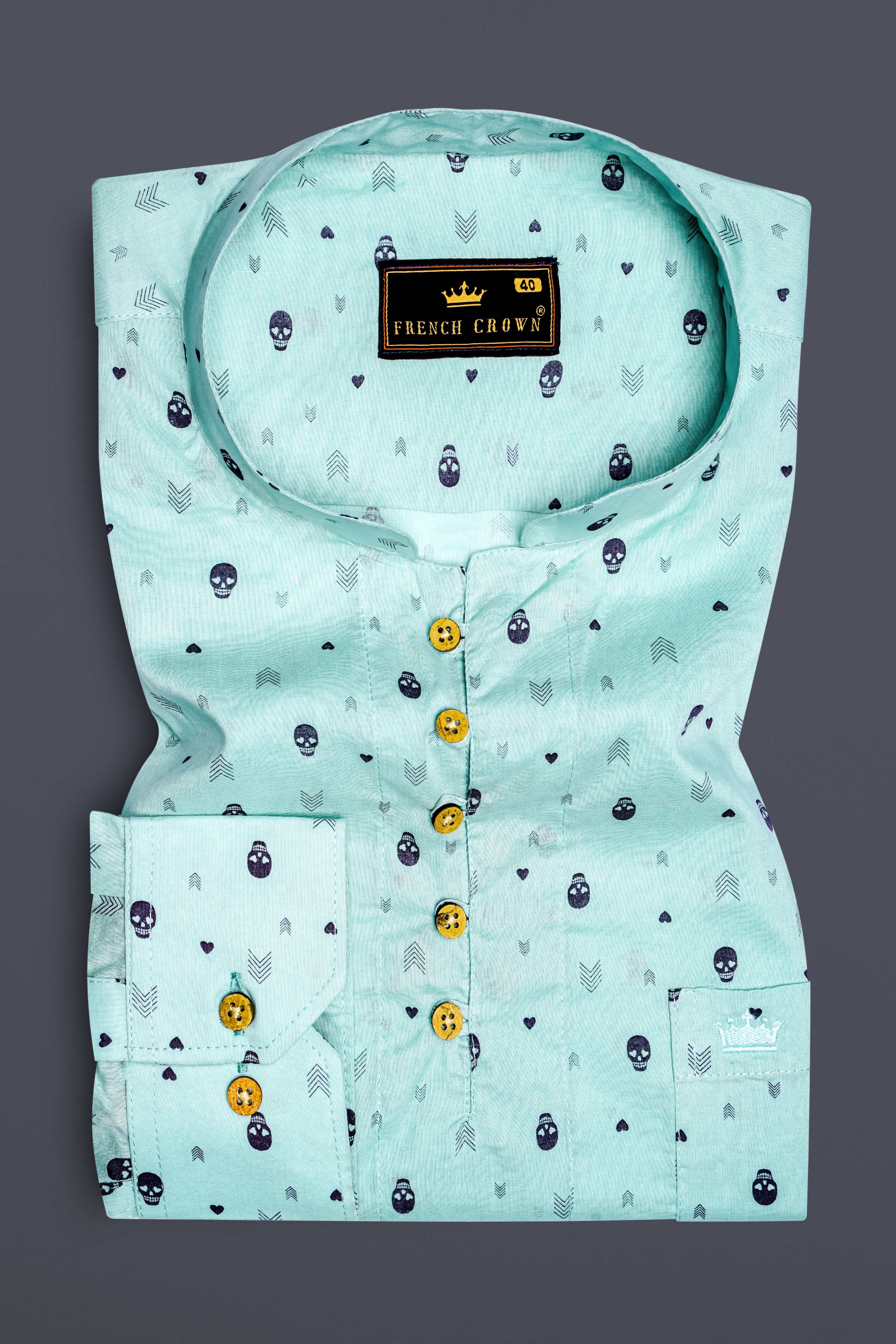 Sea Mist Green Skull and Arrow Printed Premium Cotton Kurta Shirt