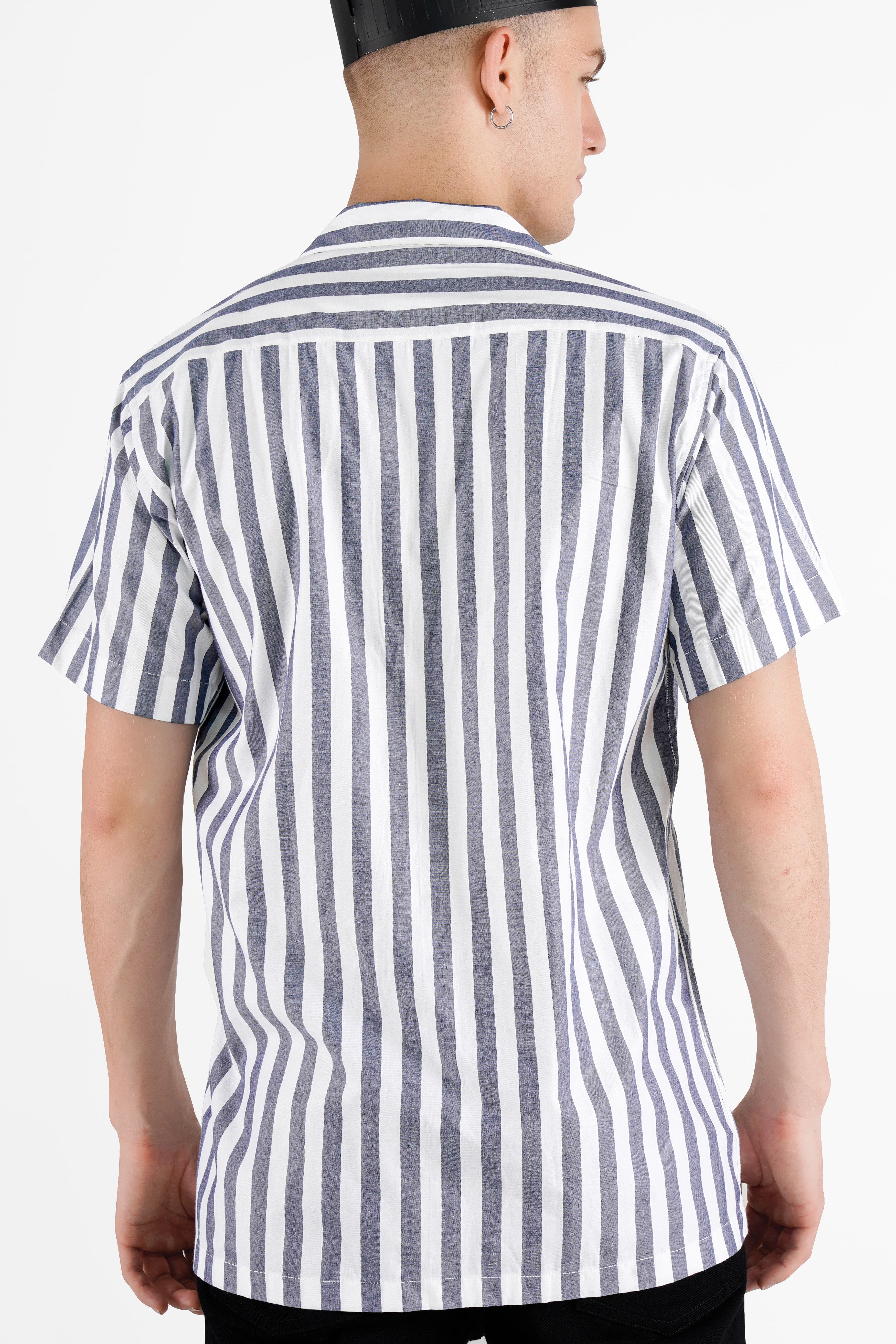 Bright White and Waterloo Gray Striped with Embroidered Patchwork Premium Cotton Designer Shirt