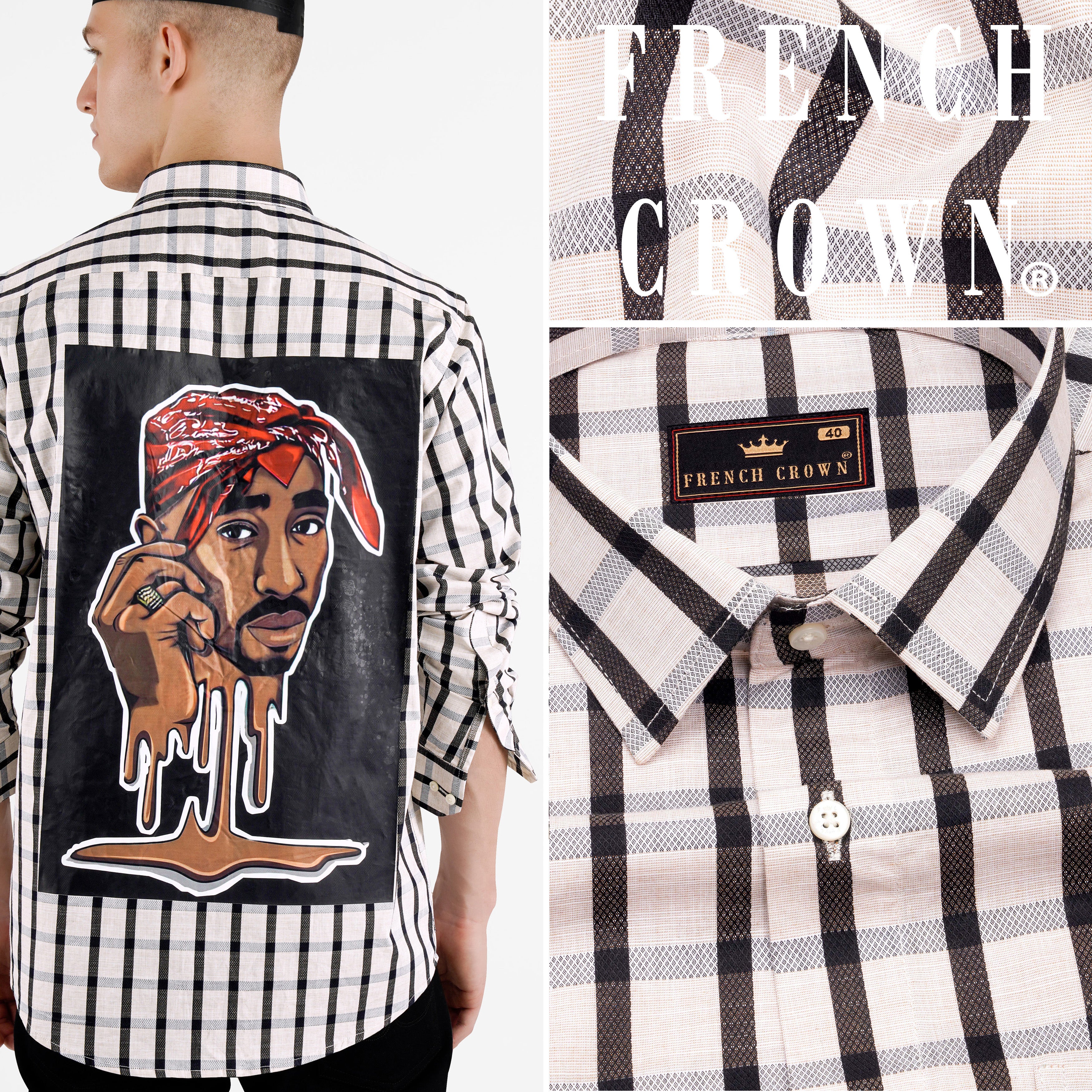 Seashell Beige with Mirage Black Checkered Funky Printed Dobby Premium Giza Cotton Shirt