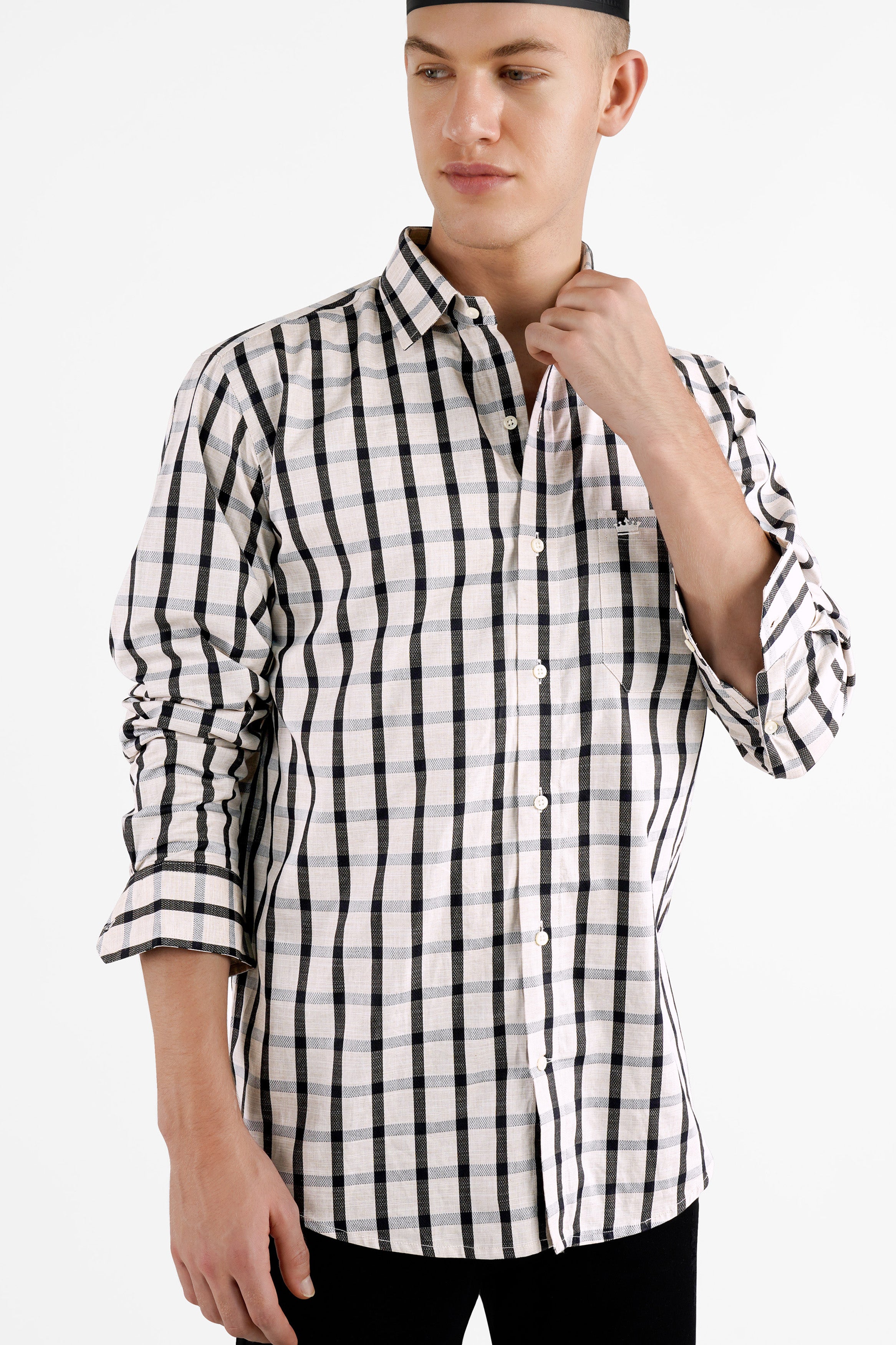 Seashell Beige with Mirage Black Checkered Funky Printed Dobby Premium Giza Cotton Shirt
