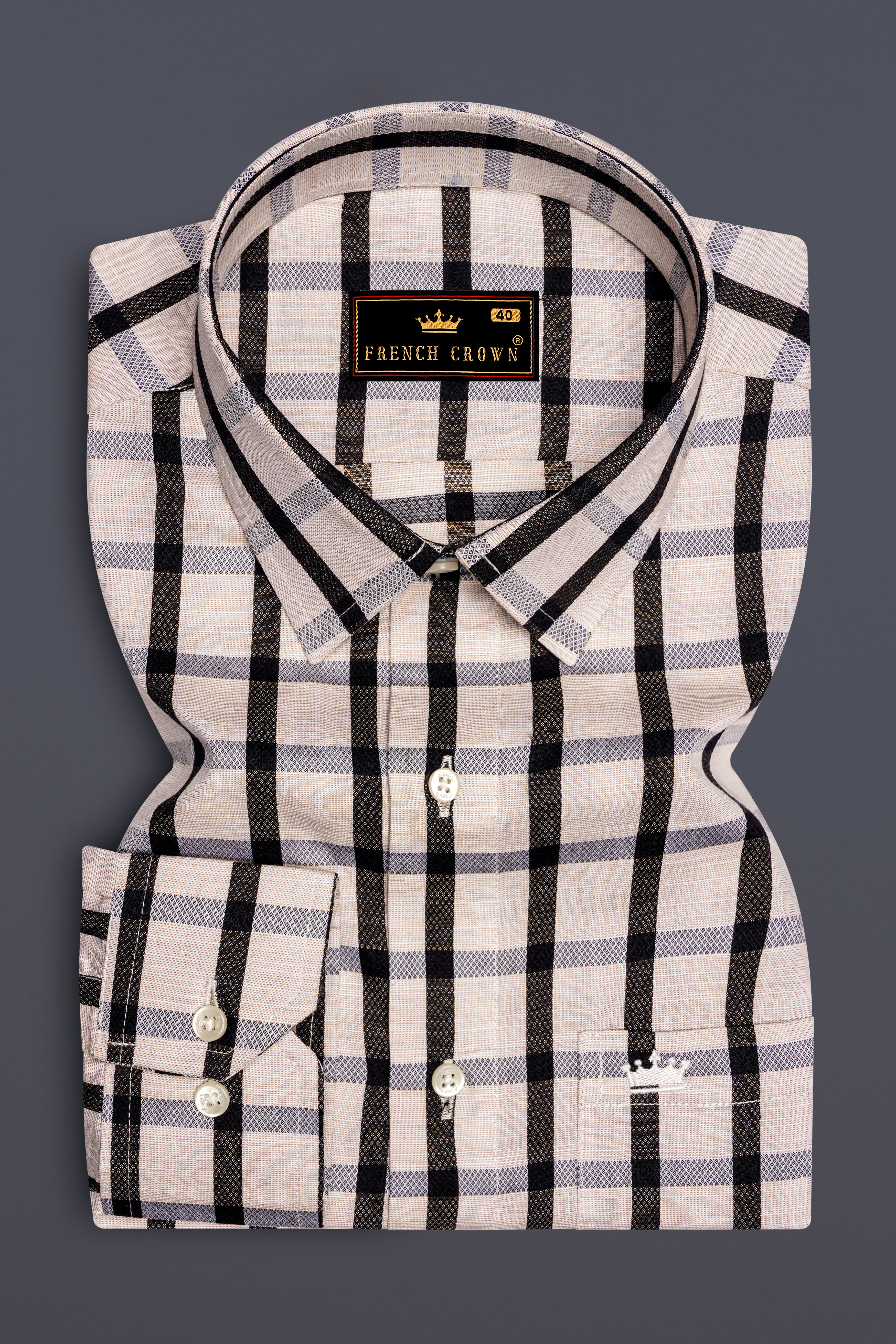 Sea Shell Off White and Jade Black Checkered Dobby Textured Premium Giza Cotton Shirt