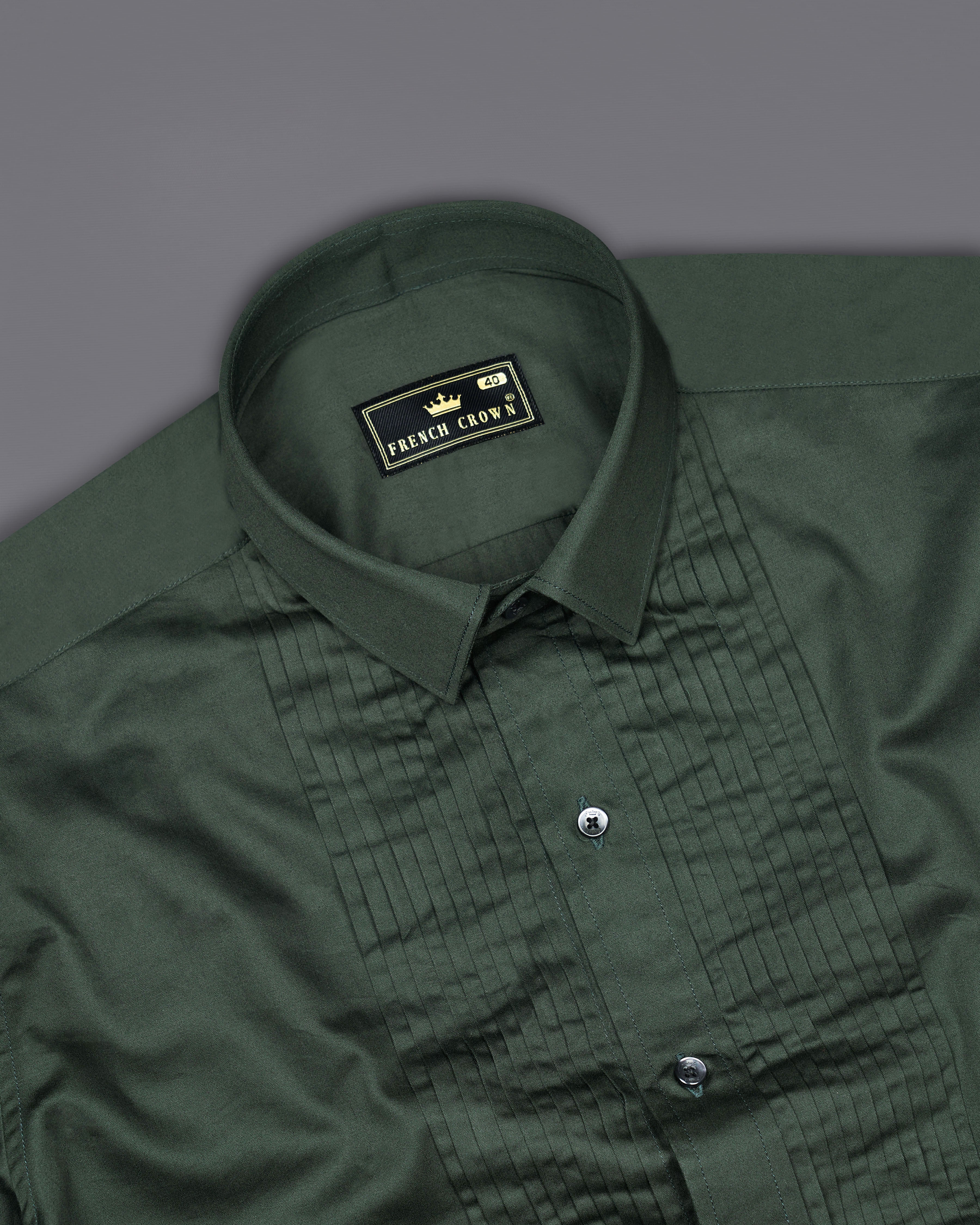 Timber Green Subtle Sheen Snake Pleated Super Soft Premium Cotton Tuxedo Shirt