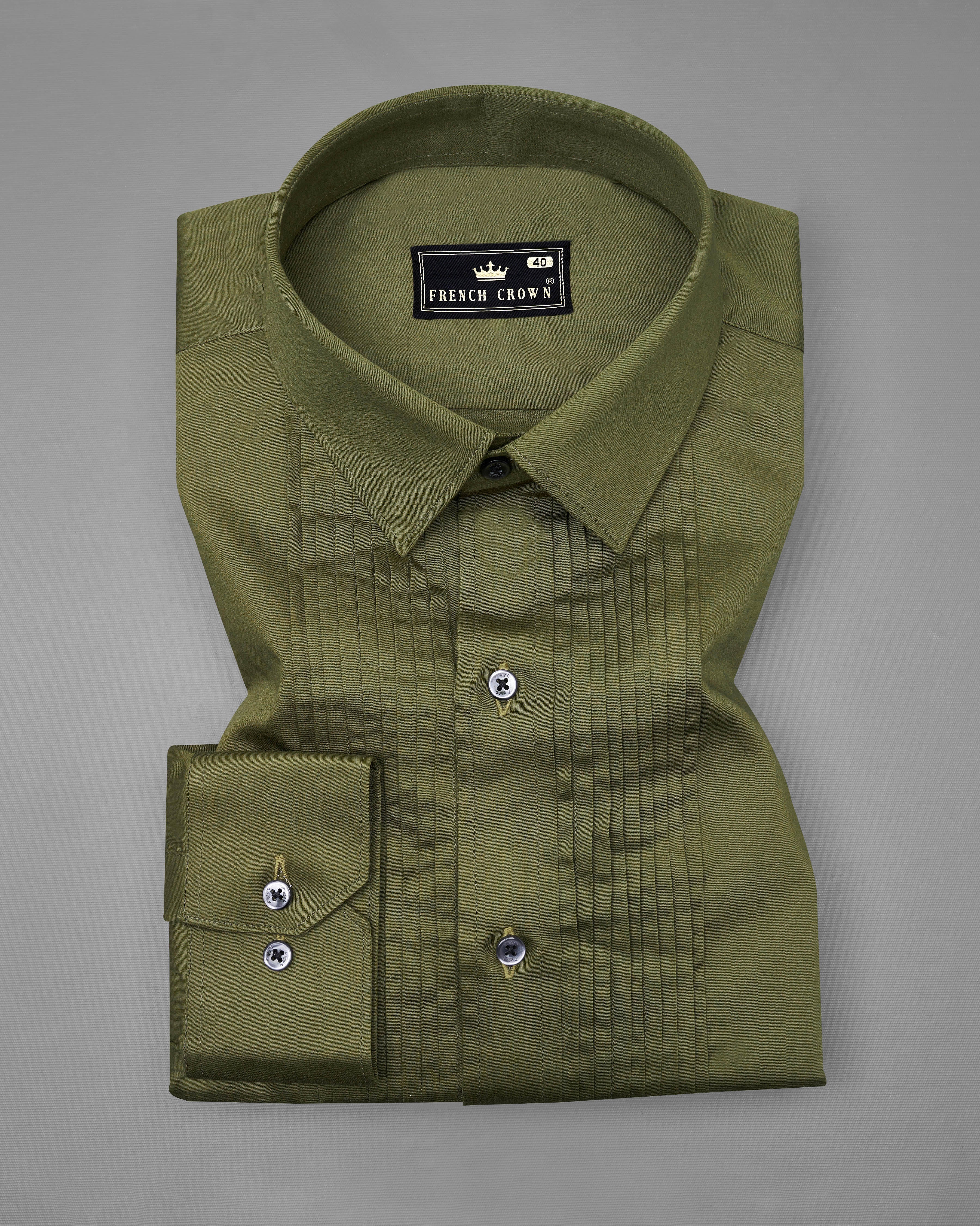 Fuscous Green Subtle Sheen Snake Pleated Super Soft Premium Cotton Tuxedo Shirt