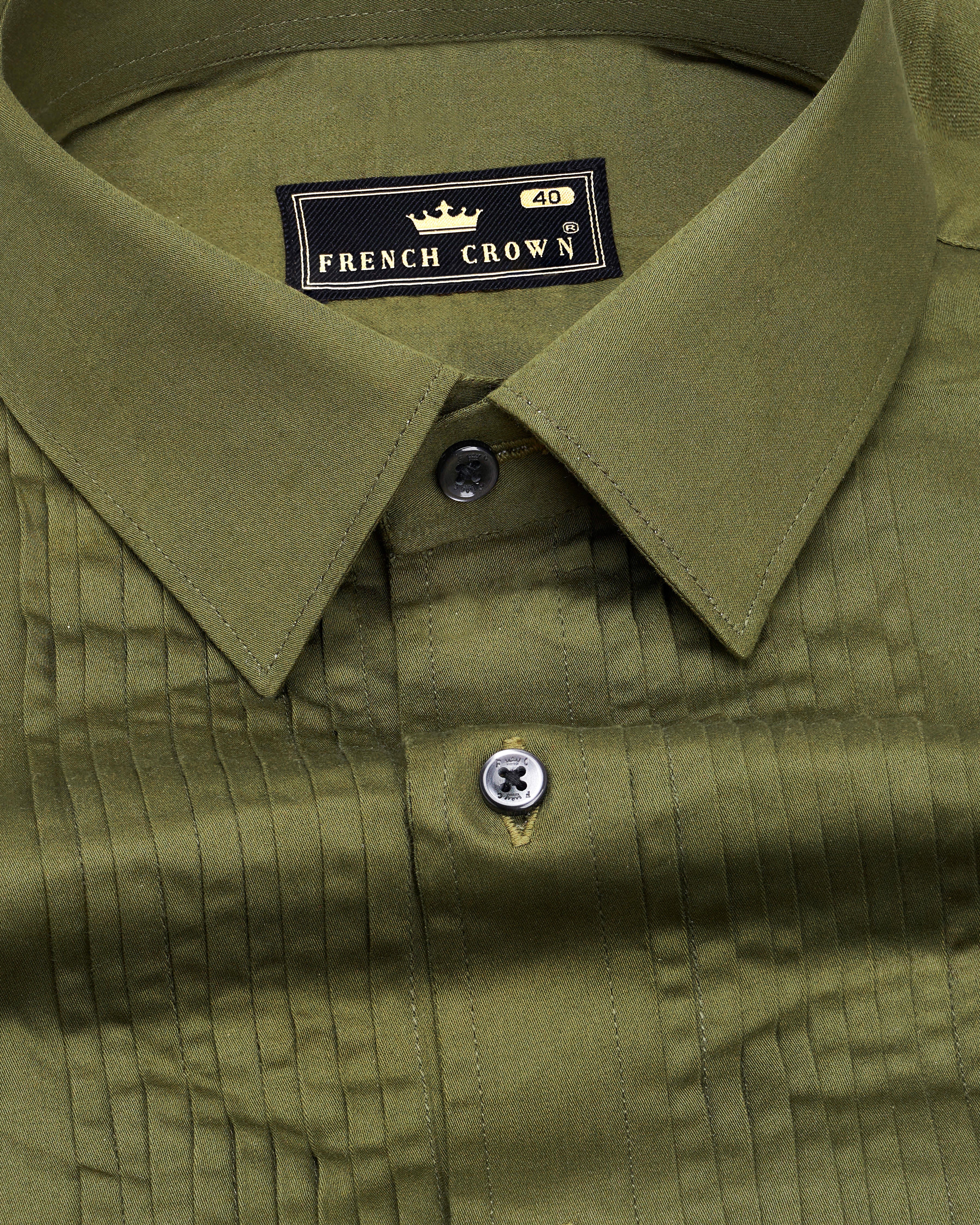 Fuscous Green Subtle Sheen Snake Pleated Super Soft Premium Cotton Tuxedo Shirt